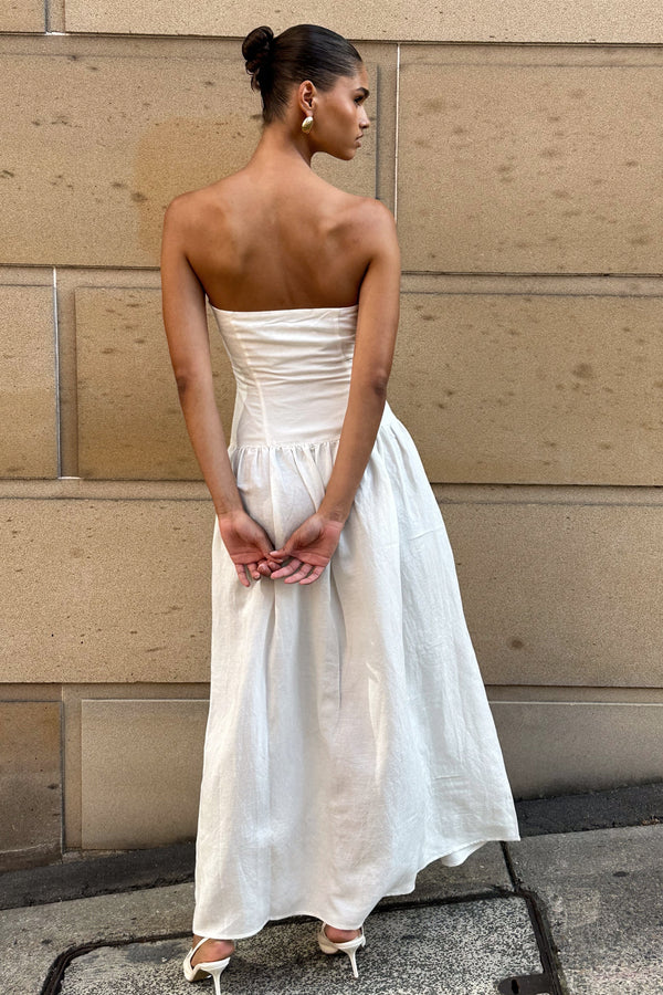 Audrina Strapless Linen Maxi Dress - White - MESHKI U.S