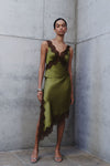 Amber Satin And Lace Midi Skirt - Olive