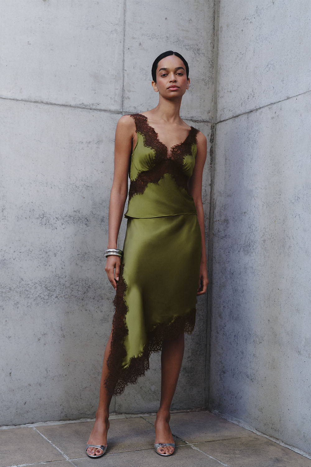 Amber Satin And Lace Midi Skirt - Olive
