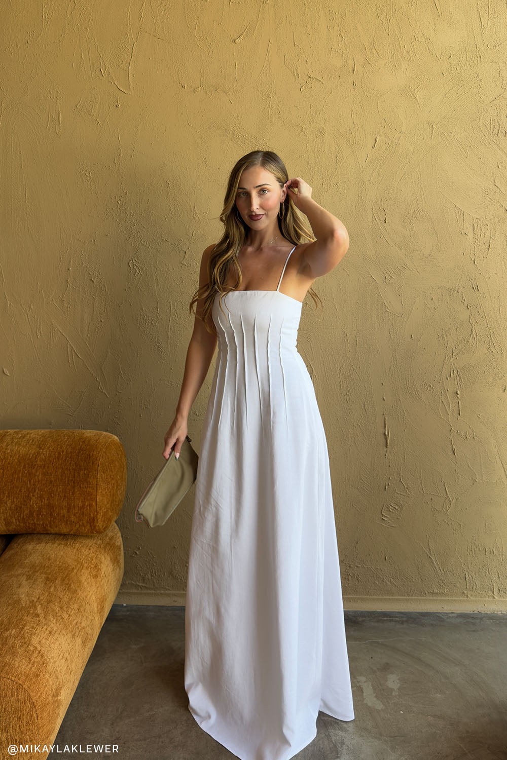 linen maxi dress white with Lace Detail boat neckline and a tie knot closure at the back Sofie Pintuck Linen Maxi Dress