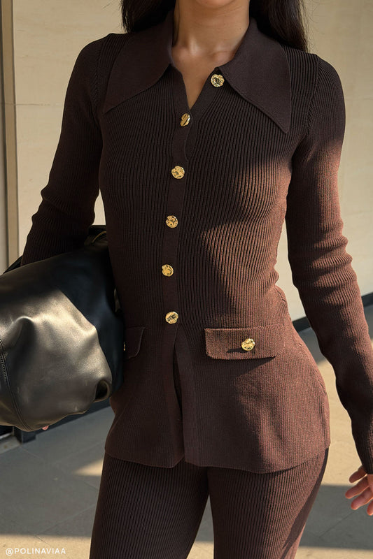 Suzie Ribbed Long Sleeve Longline Top - Chocolate