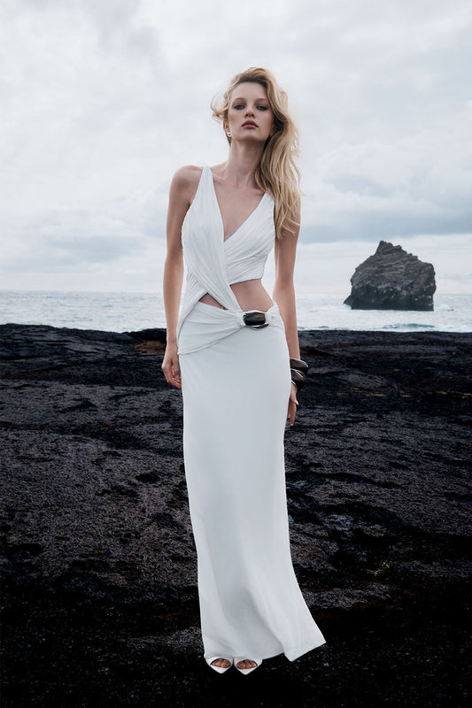Klein Draped Jersey Gown With Hardware - White