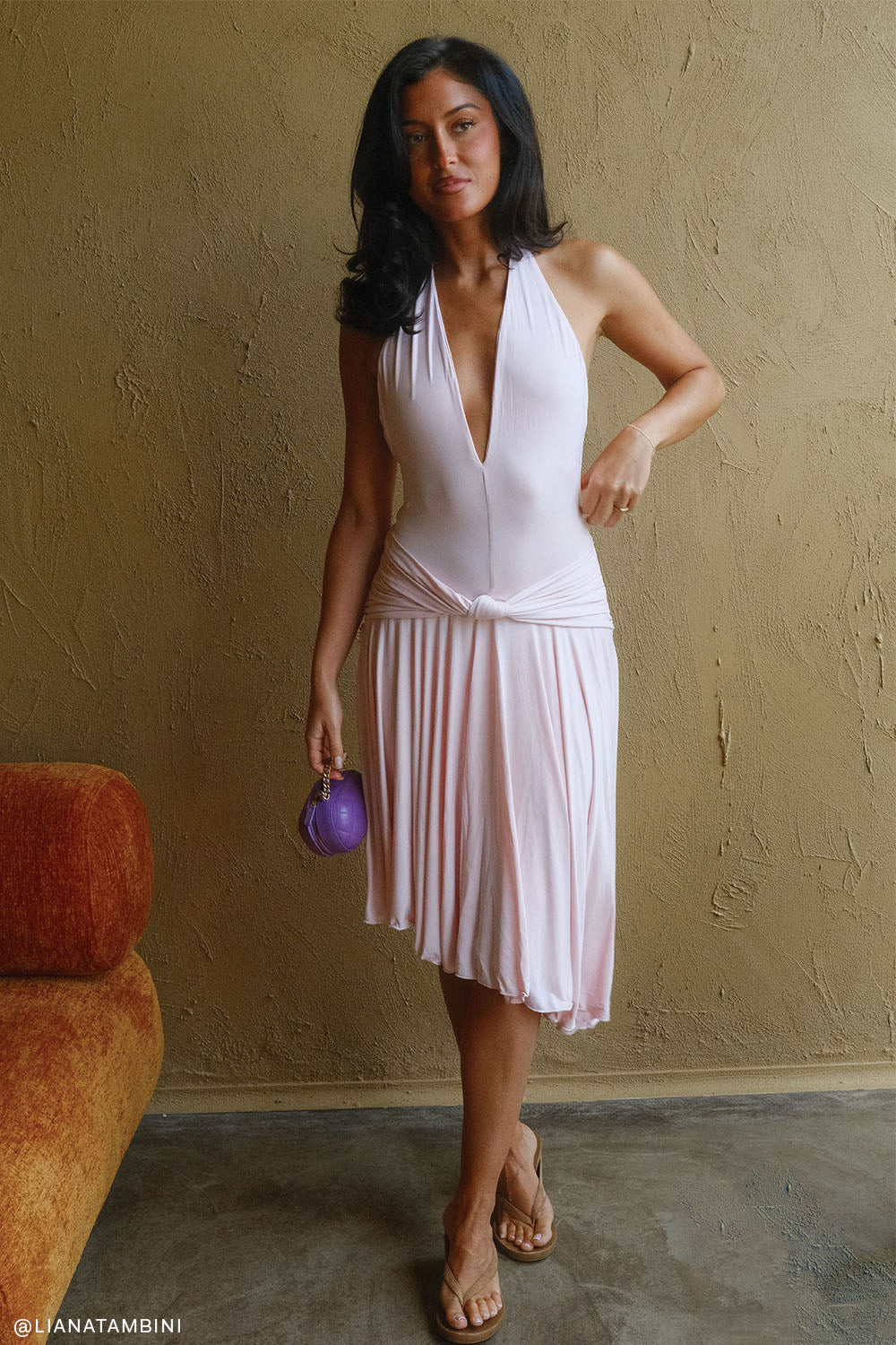 Zelda Asymmetric Slinky Midi Dress - Ballet Pink | MESHKI US Zelda Asymmetric Slinky Midi Dress - Ballet Pink | MESHKI US