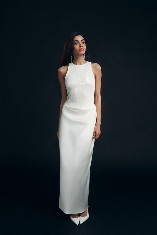 Addison Sequin & Satin Maxi Dress - White