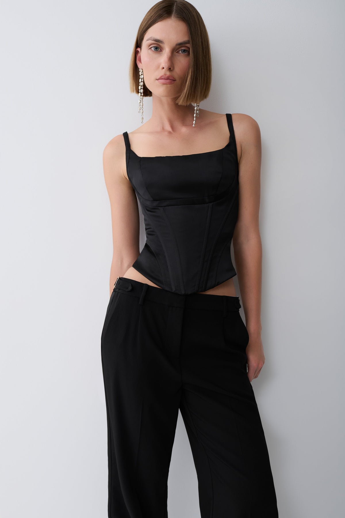 Melina Satin Peplum Corset Top - Black