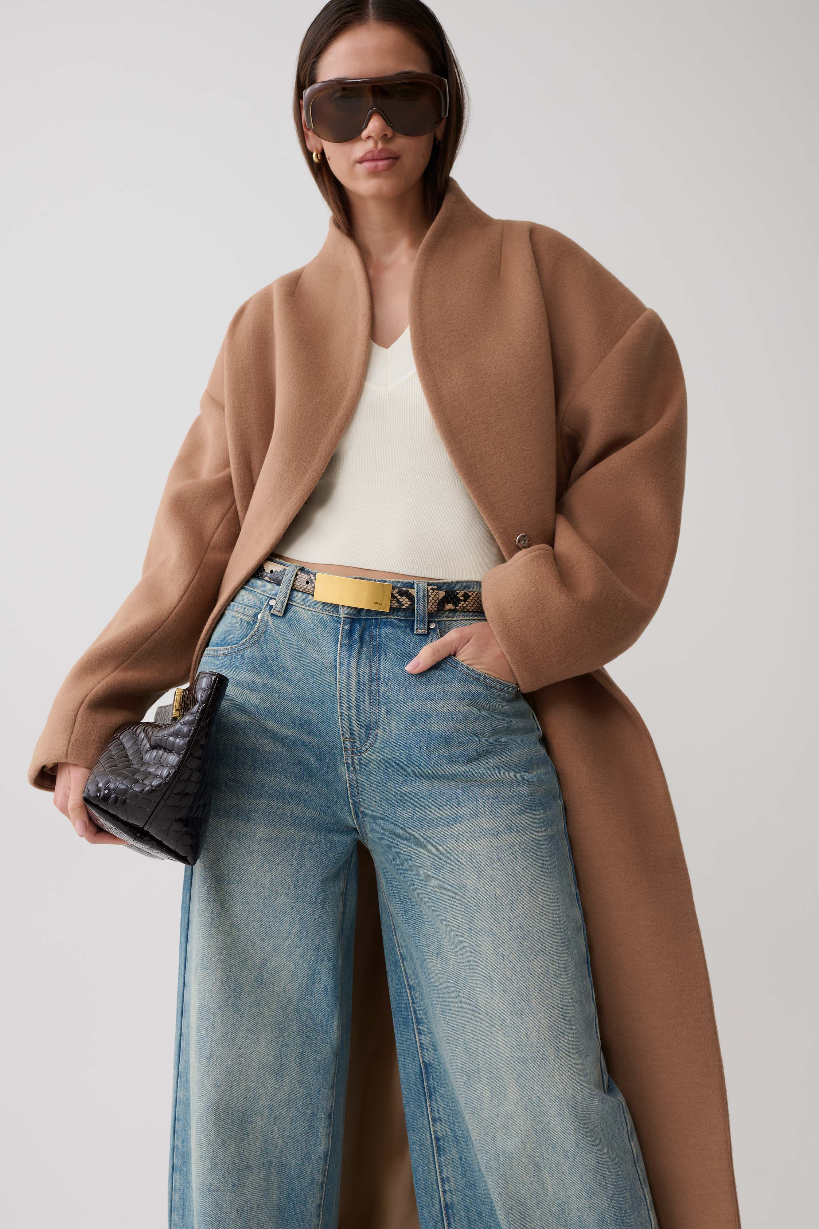 Andrea High Neck Wool Blend Coat - Camel | MESHKI US