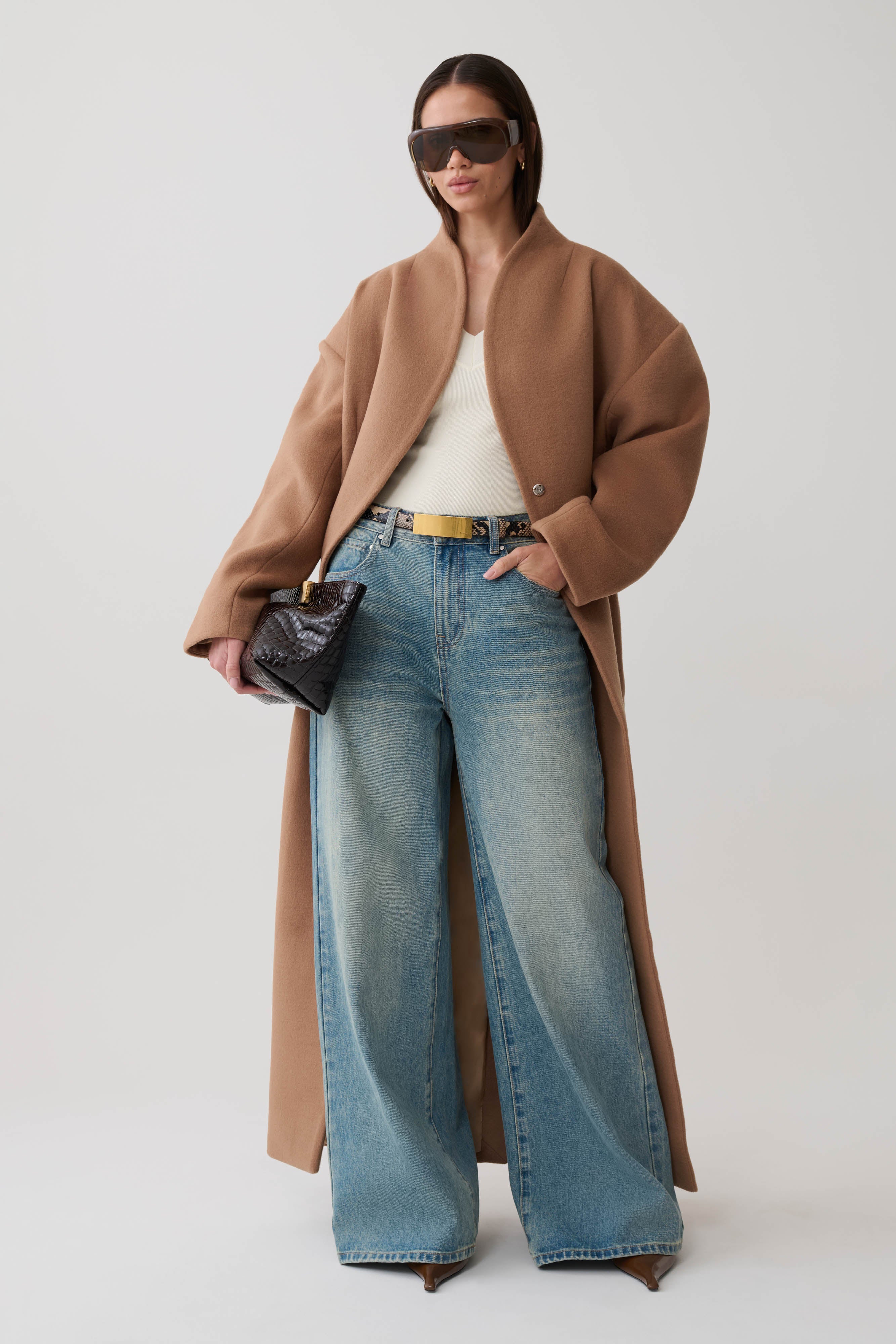 Andrea High Neck Wool Blend Coat - Camel | MESHKI US