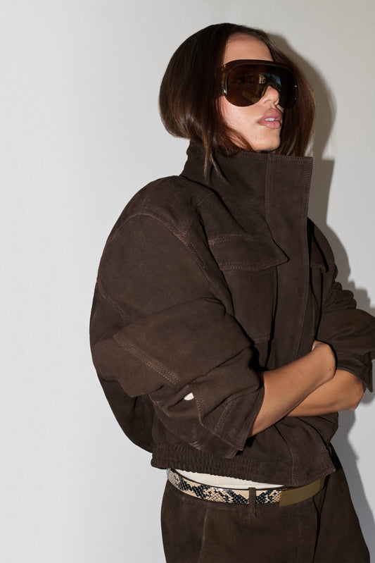 Nicky Funnel Neck Suede Bomber Jacket - Dark Chocolate
