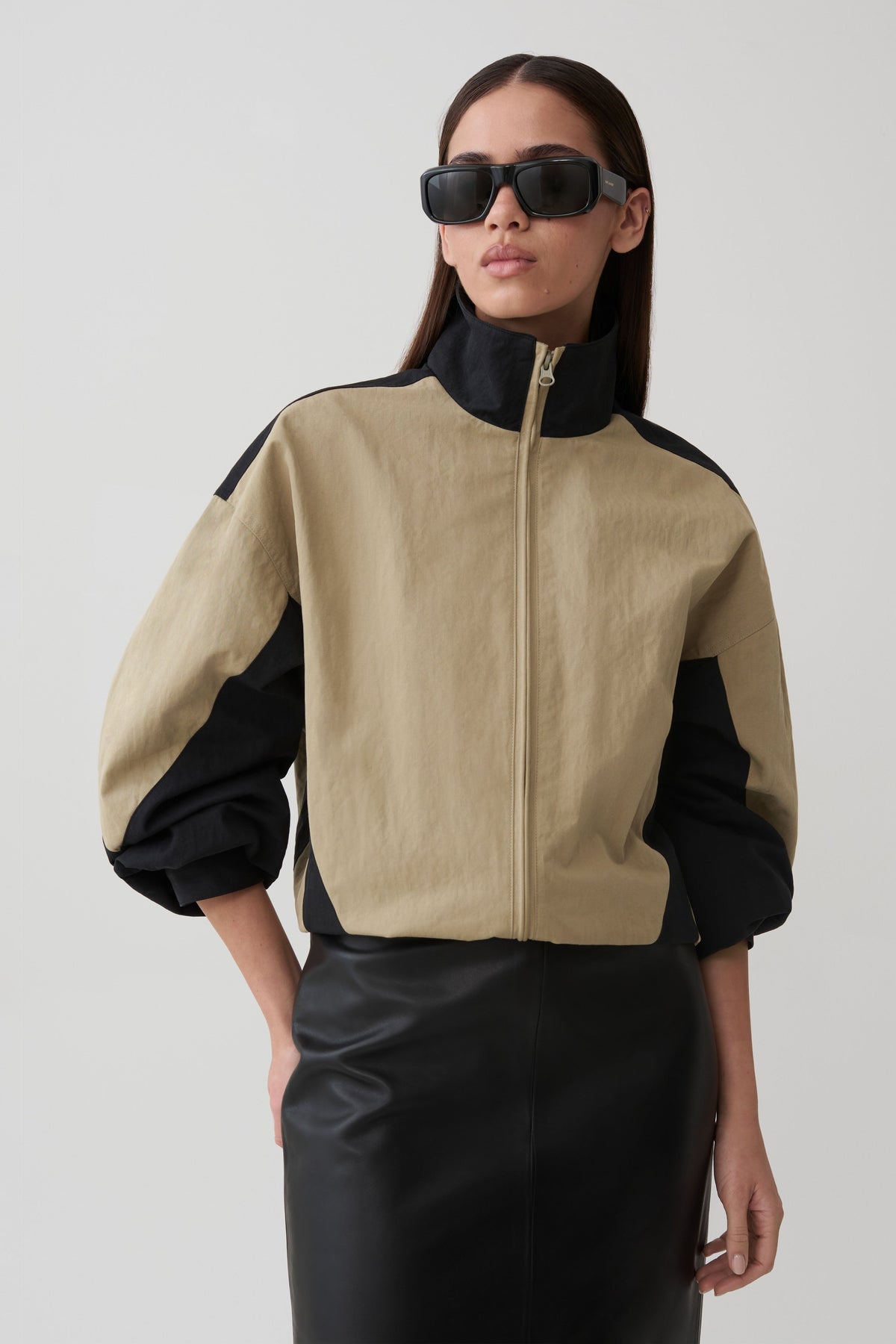Lizzie Funnel Neck Bomber Jacket - Sage/Black