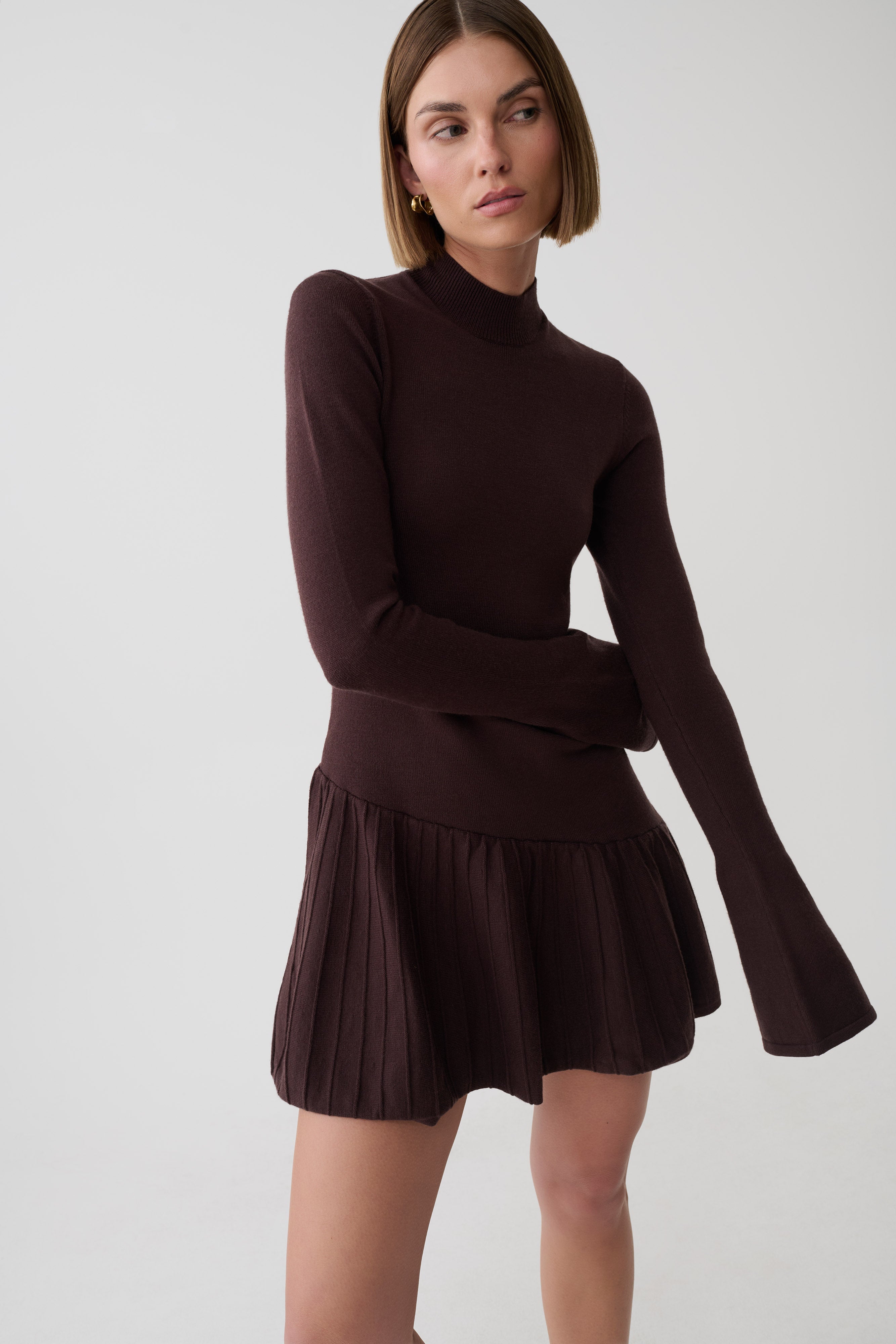 【yo BIOTOP】Knit pleats mini dress Blair Knit Mini Dress With Pleats - Chocolate | MESHKI US