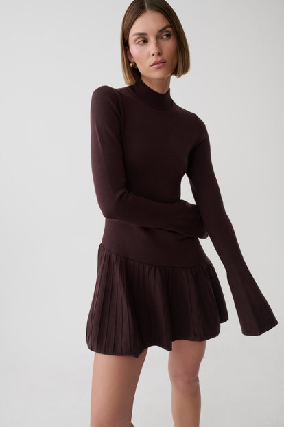 A woman modeling a dark brown ribbed knit mock-neck long-sleeve top with a matching pleated mini skirt, photographed against a light gray studio background.