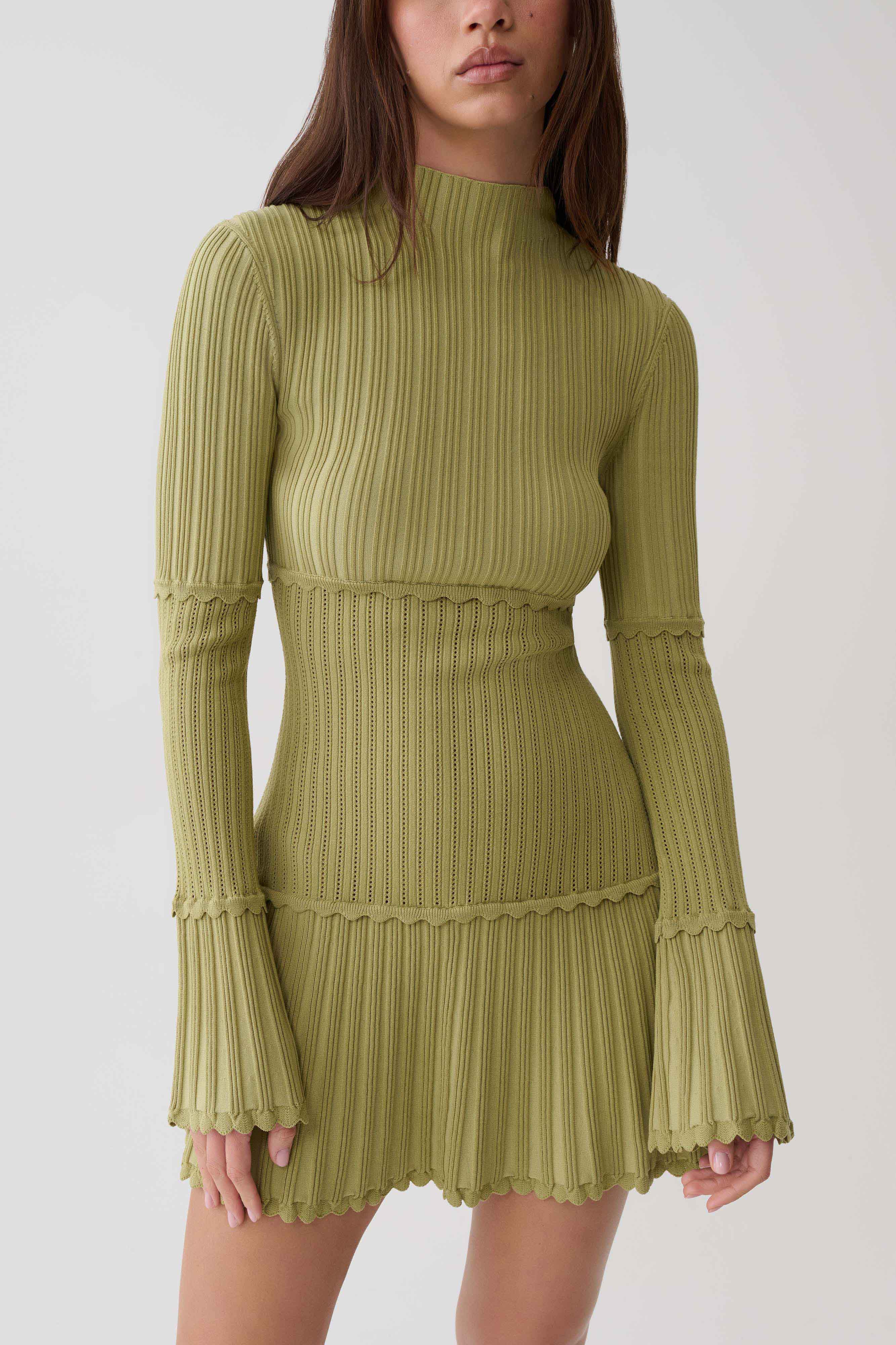 Adena Pointelle Knit Mini Dress - Olive | MESHKI US