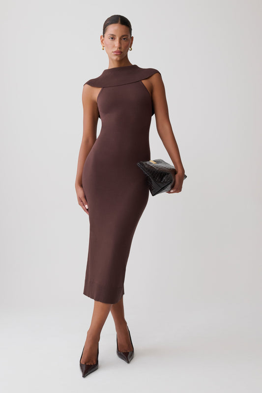 Ellen Ribbed Midi Column Knit Dress - Chocolate