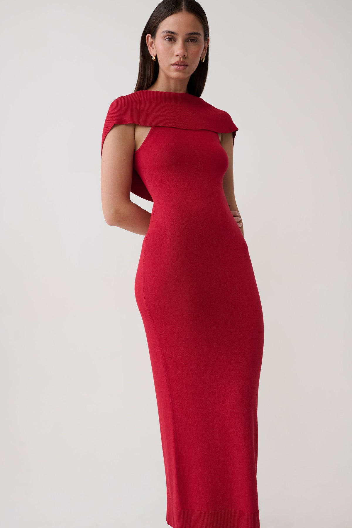 Ellen Ribbed Midi Column Knit Dress - Red