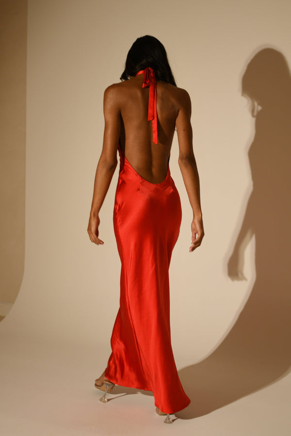 Red Maxi Dress - Halter Neckline Dress - Open Back Flared Skirt Dress