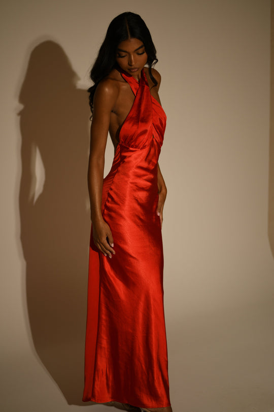 Marvelle Satin Halter Maxi Dress - Vermilion Red - MESHKI U.S