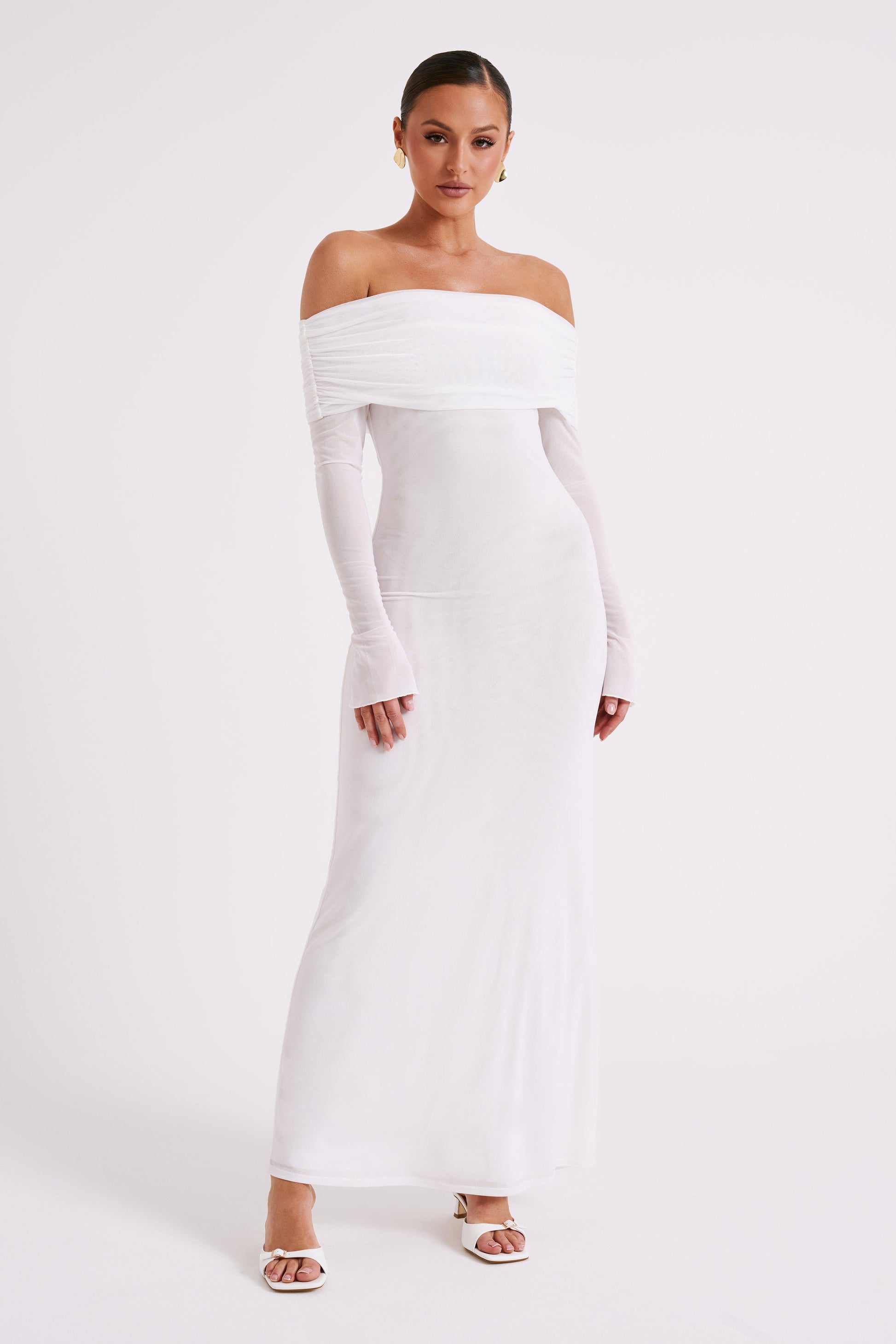 Josie Off Shoulder Mesh Maxi Dress - Ivory | MESHKI US Josie Off Shoulder Mesh Maxi Dress - Ivory | MESHKI US