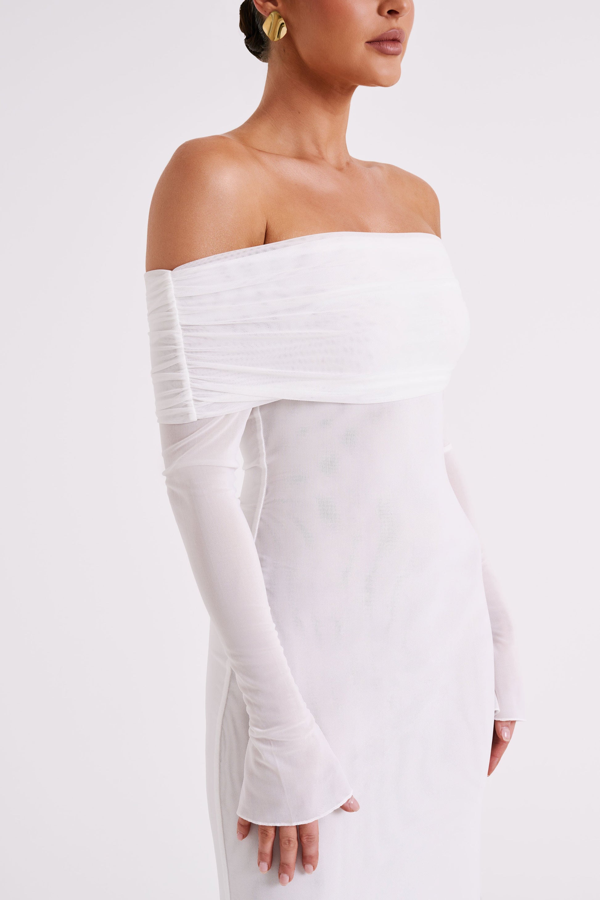 Josie Off Shoulder Mesh Maxi Dress - Ivory | MESHKI US Josie Off Shoulder Mesh Maxi Dress - Ivory | MESHKI US