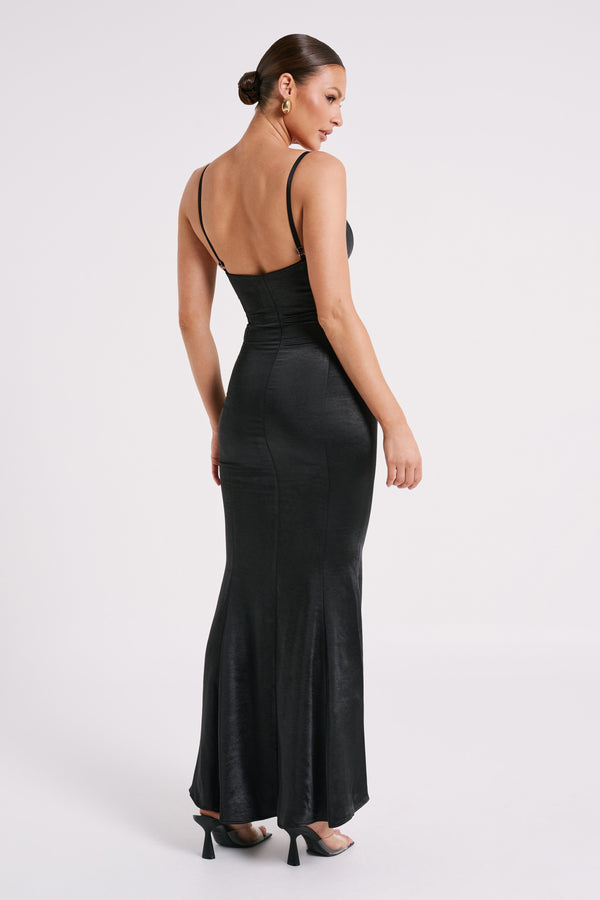 Black Textured Slinky Backless Strappy Maxi Dress