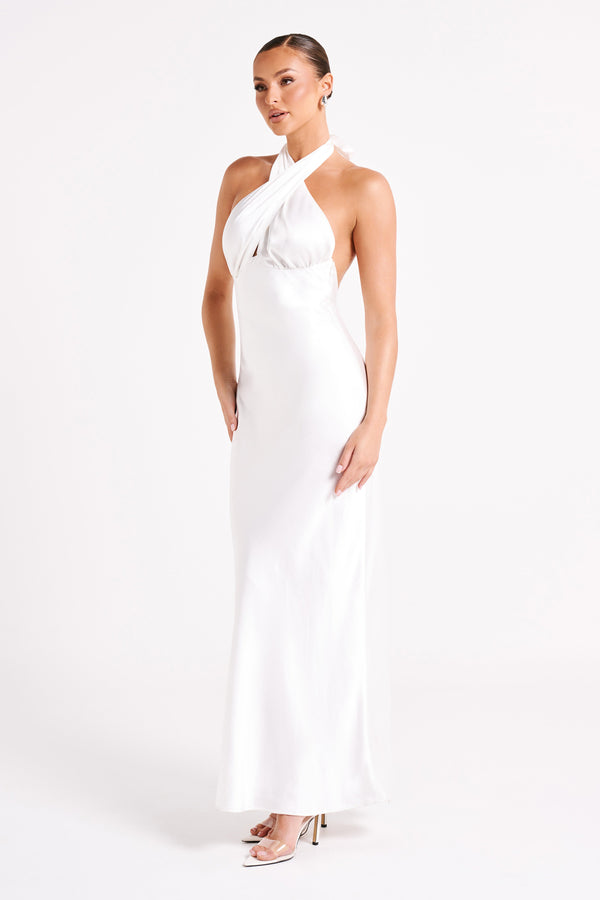 Marvelle Satin Halter Maxi Dress - White