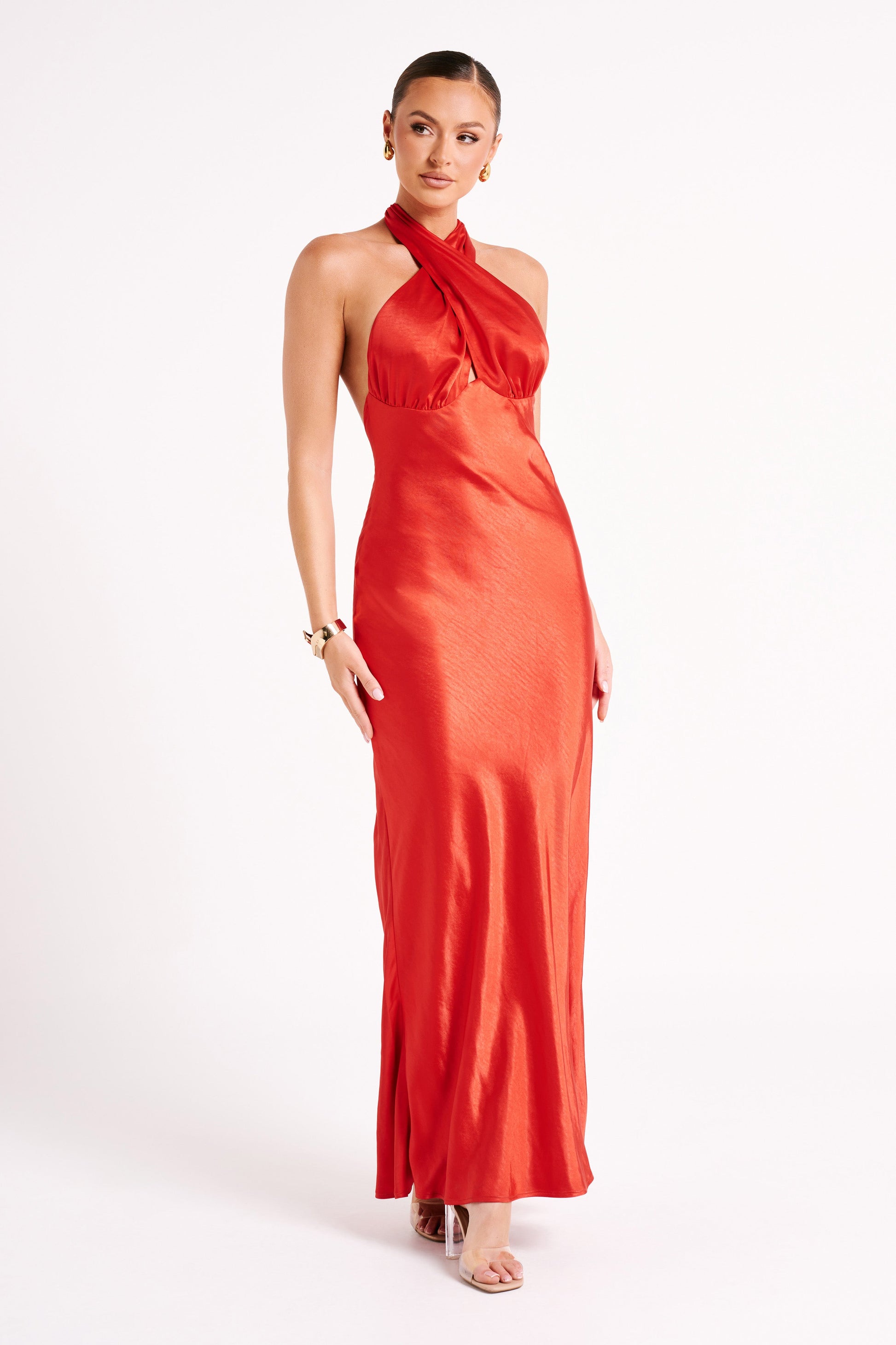 Marvelle Satin Halter Maxi Dress - Vermilion Red #4