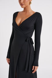 Gillian Recycled Nylon Wrap Maxi Dress - Black