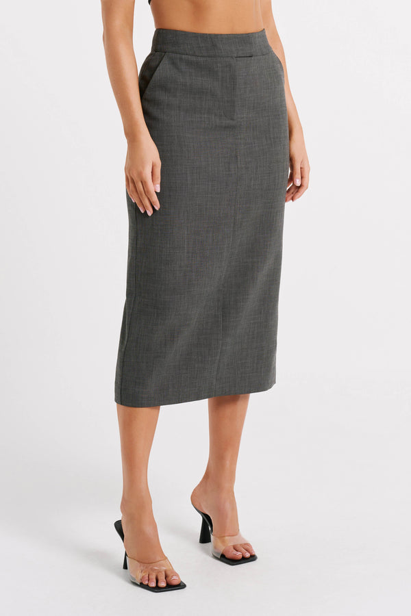 Marcie Textured Suiting Midi Skirt - Charcoal