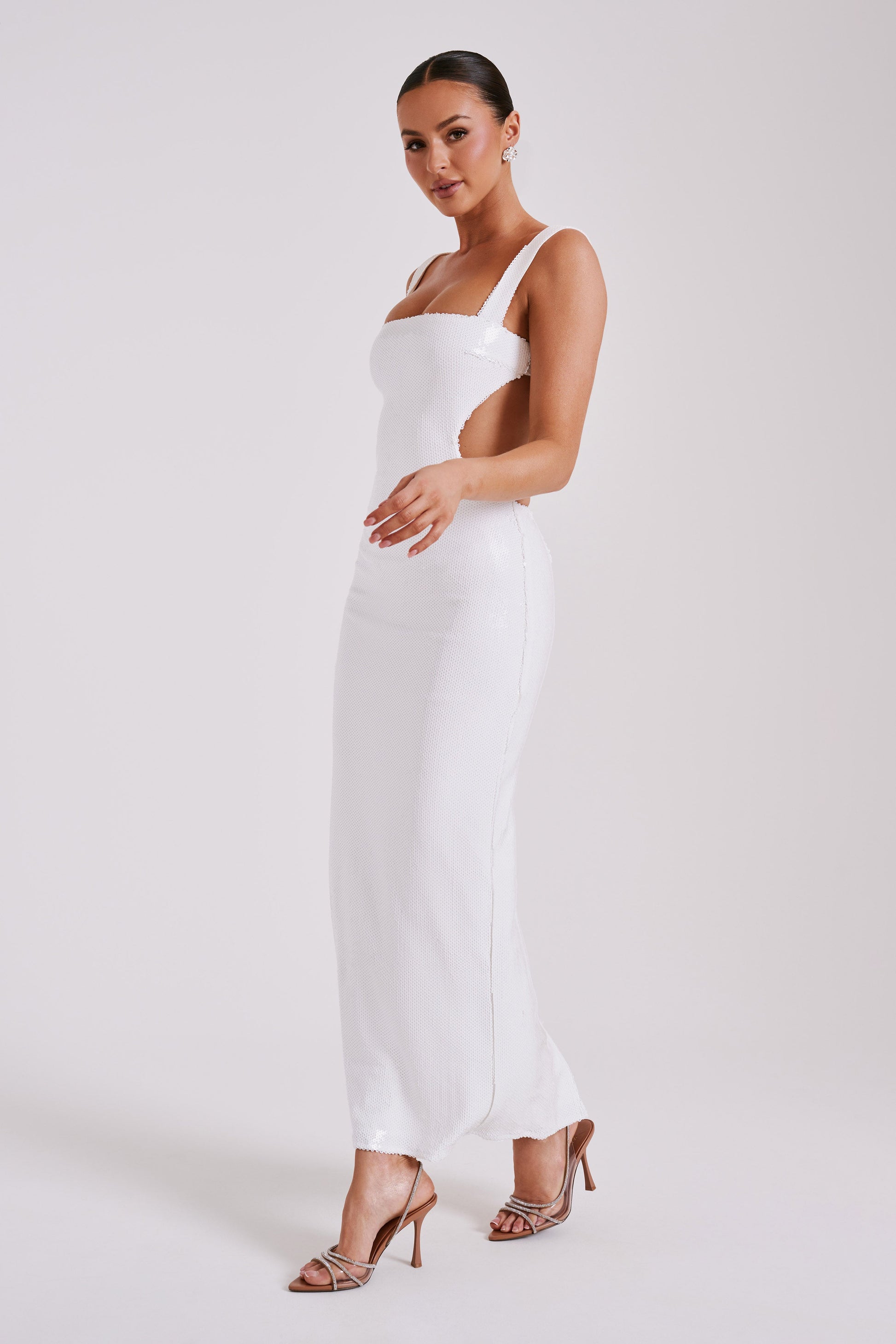 white cut out dress Adoria Sequin Cut Out Maxi Dress - White