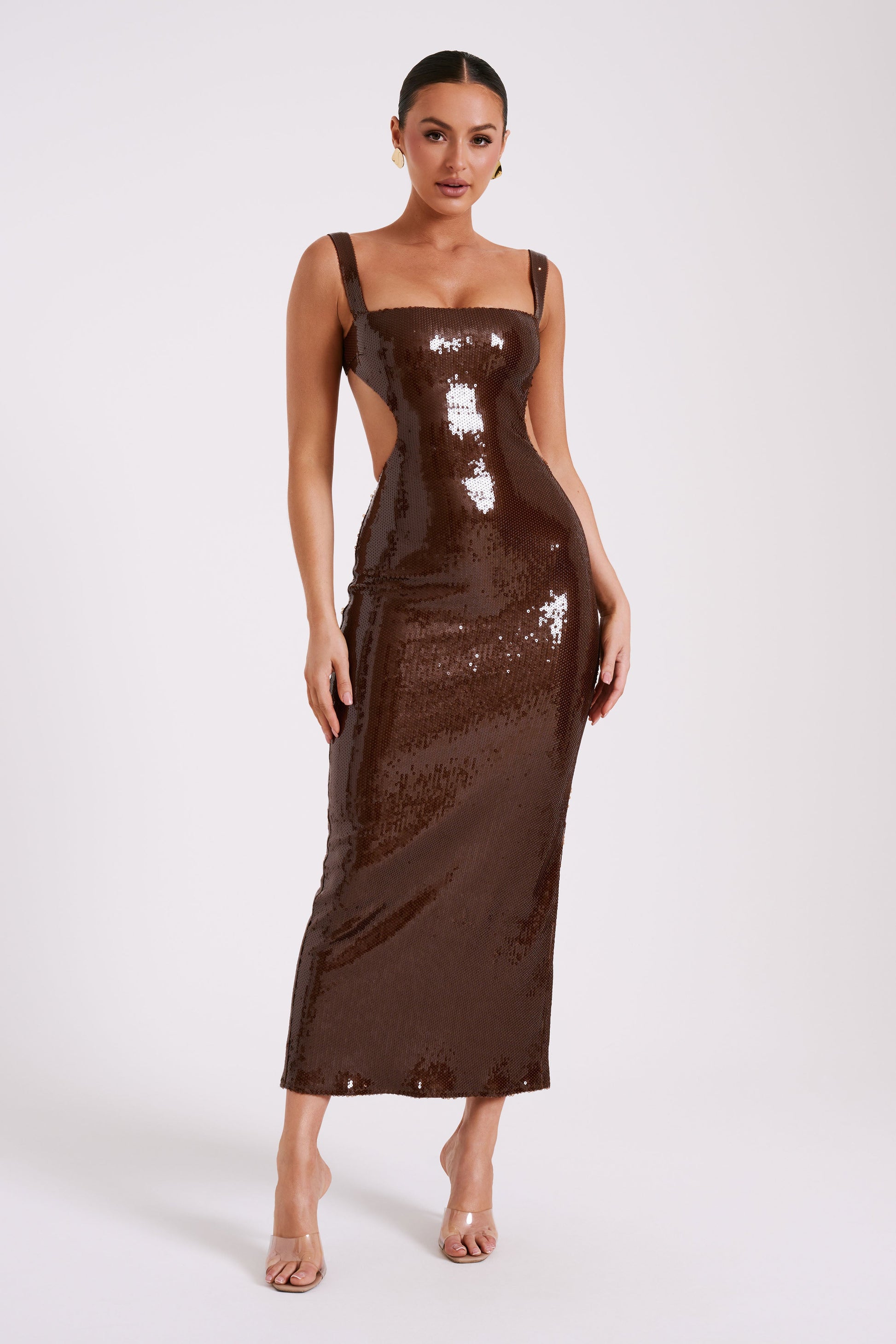Adoria Sequin Cut Out Maxi Dress - Chocolate | MESHKI US Adoria Sequin Cut Out Maxi Dress - Chocolate | MESHKI US