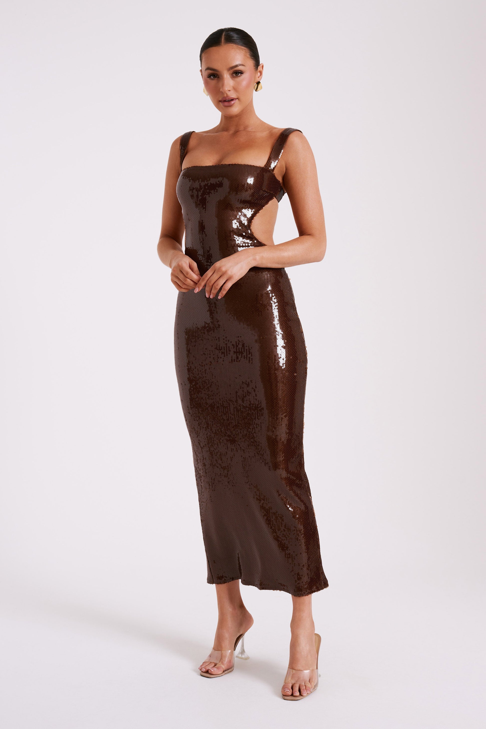 Adoria Sequin Cut Out Maxi Dress - Chocolate | MESHKI US Adoria Sequin Cut Out Maxi Dress - Chocolate | MESHKI US