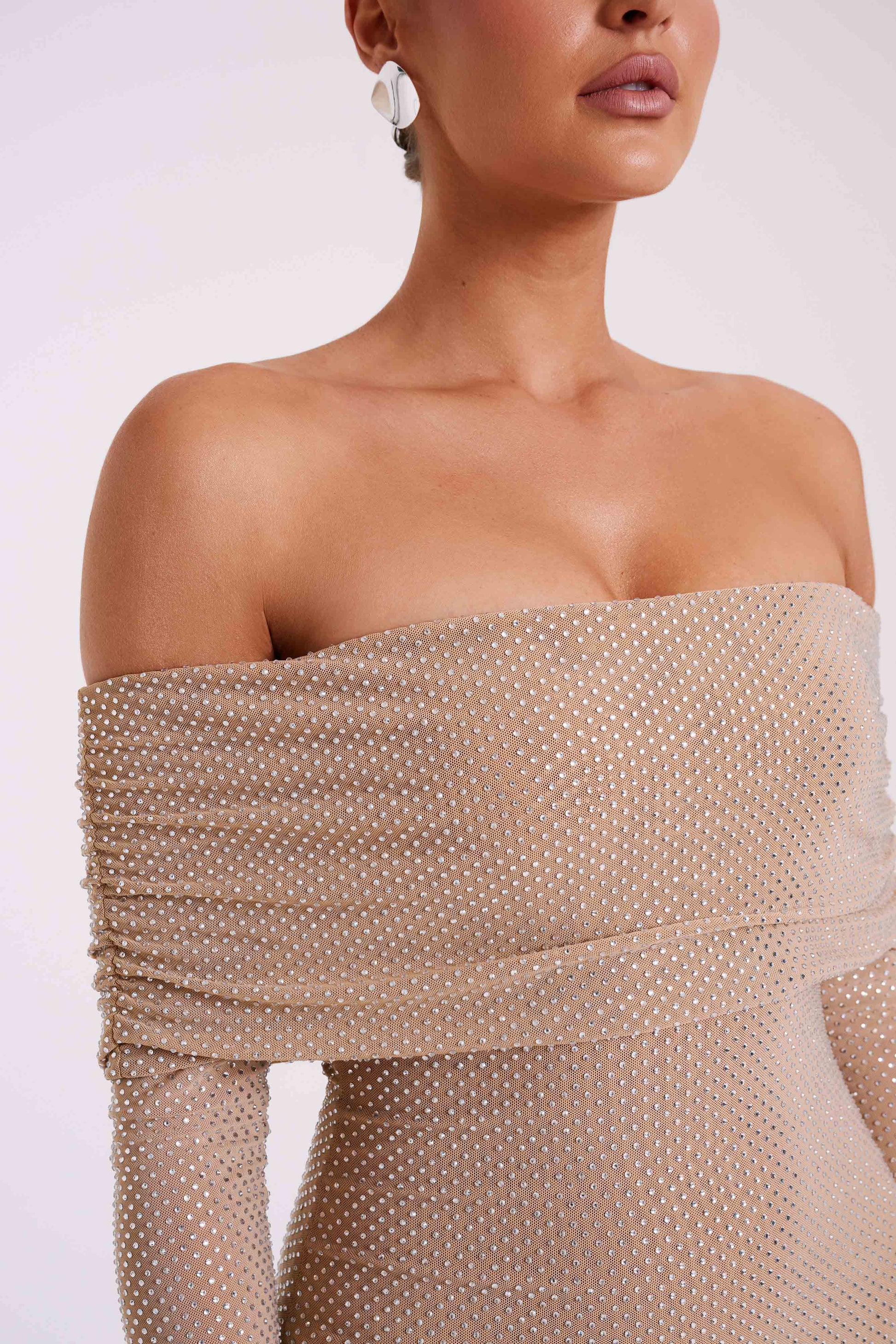 Marcel Off Shoulder Diamante Maxi Dress - Nude | MESHKI US Marcel Off Shoulder Diamante Maxi Dress - Nude | MESHKI US