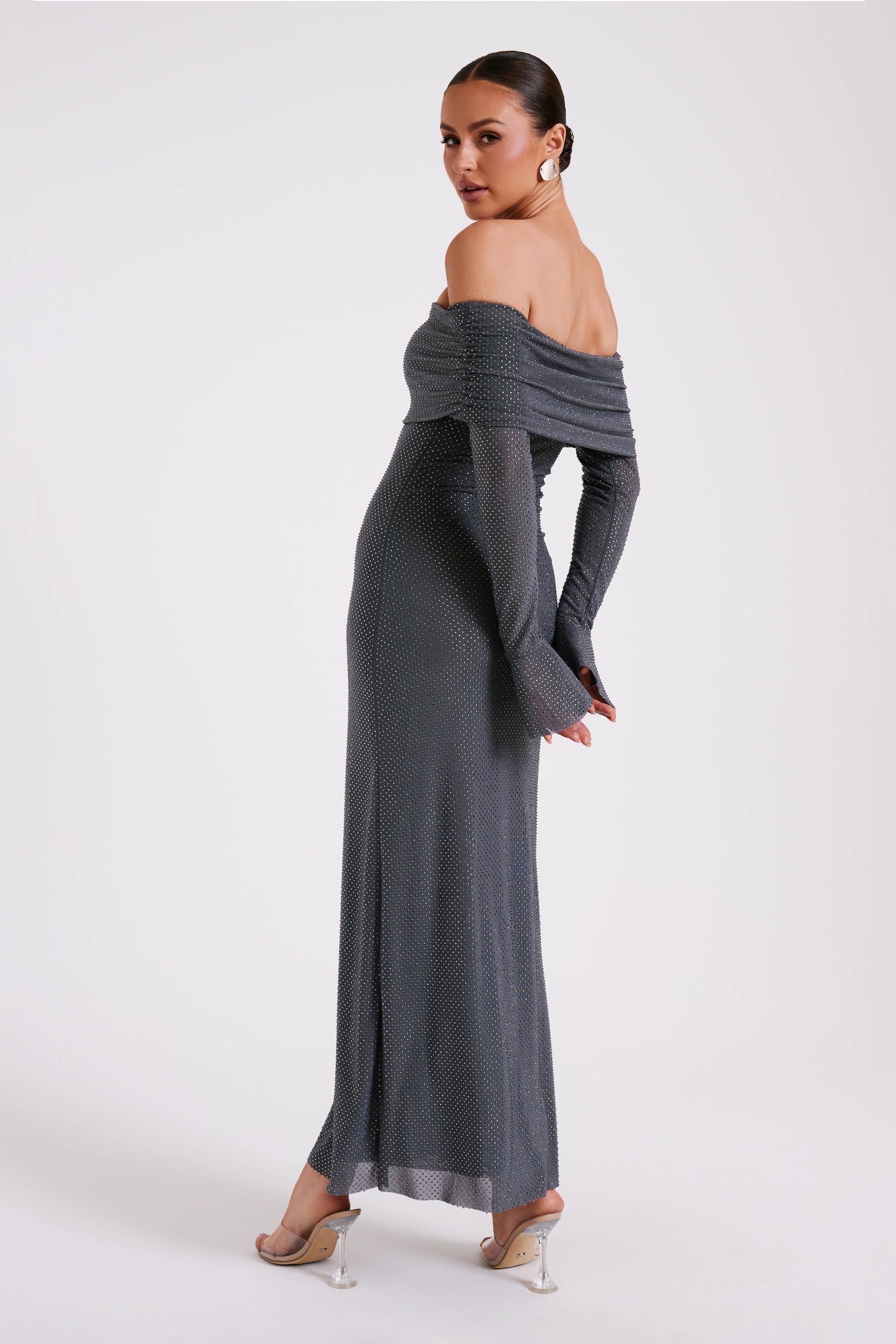Marcel Off Shoulder Diamante Maxi Dress / Gunmetal | MESHKI | XS Marcel Off Shoulder Diamante Maxi Dress / Gunmetal | MESHKI | XS