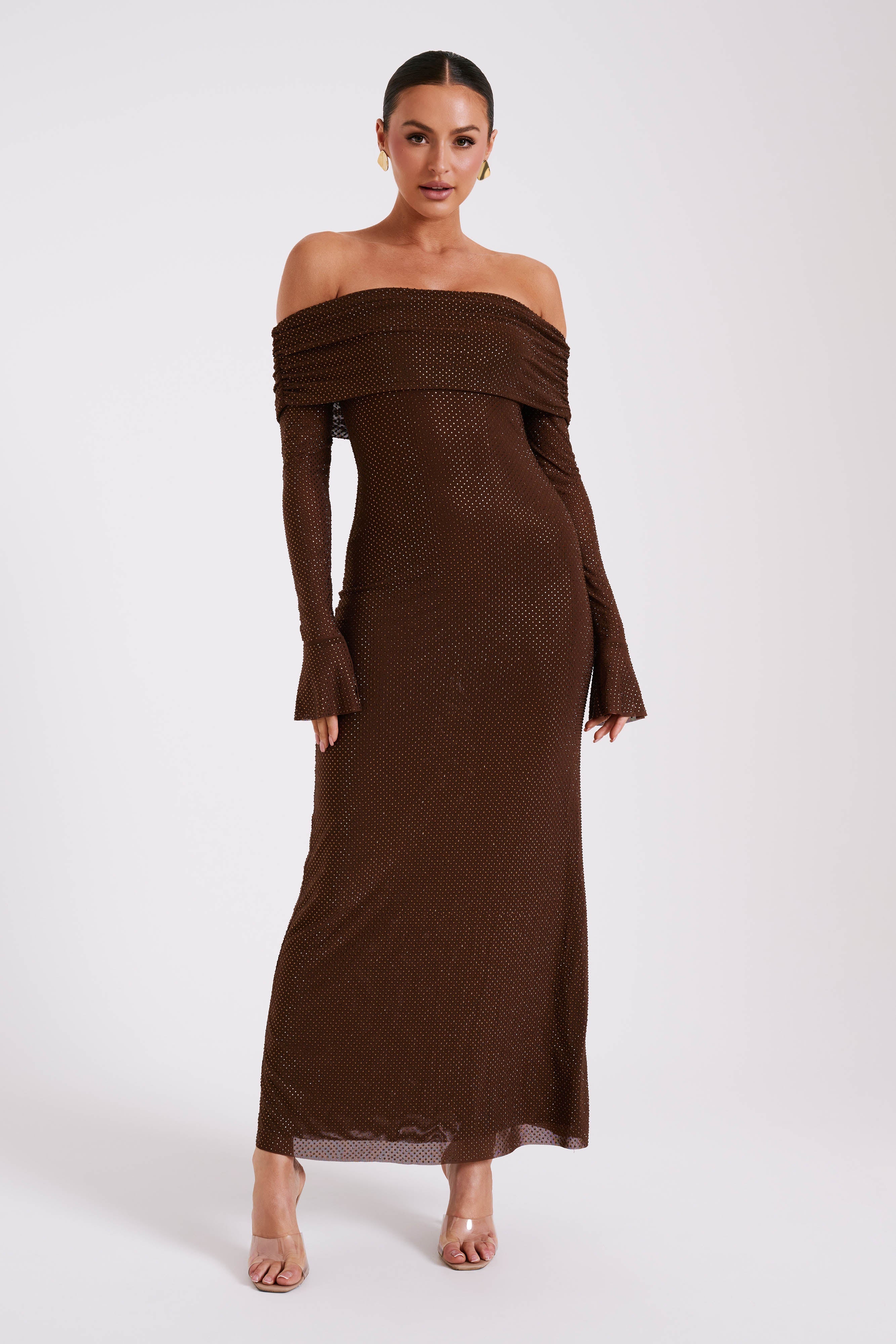 Marcel Off Shoulder Diamante Maxi Dress - Chocolate | MESHKI US