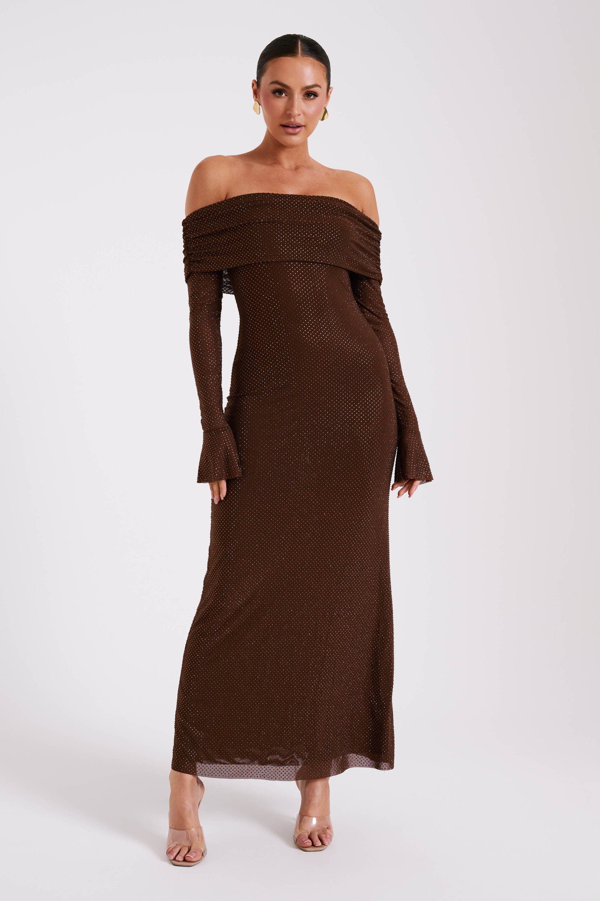 Marcel Off Shoulder Diamante Maxi Dress - Chocolate | MESHKI US Marcel Off Shoulder Diamante Maxi Dress - Chocolate | MESHKI US