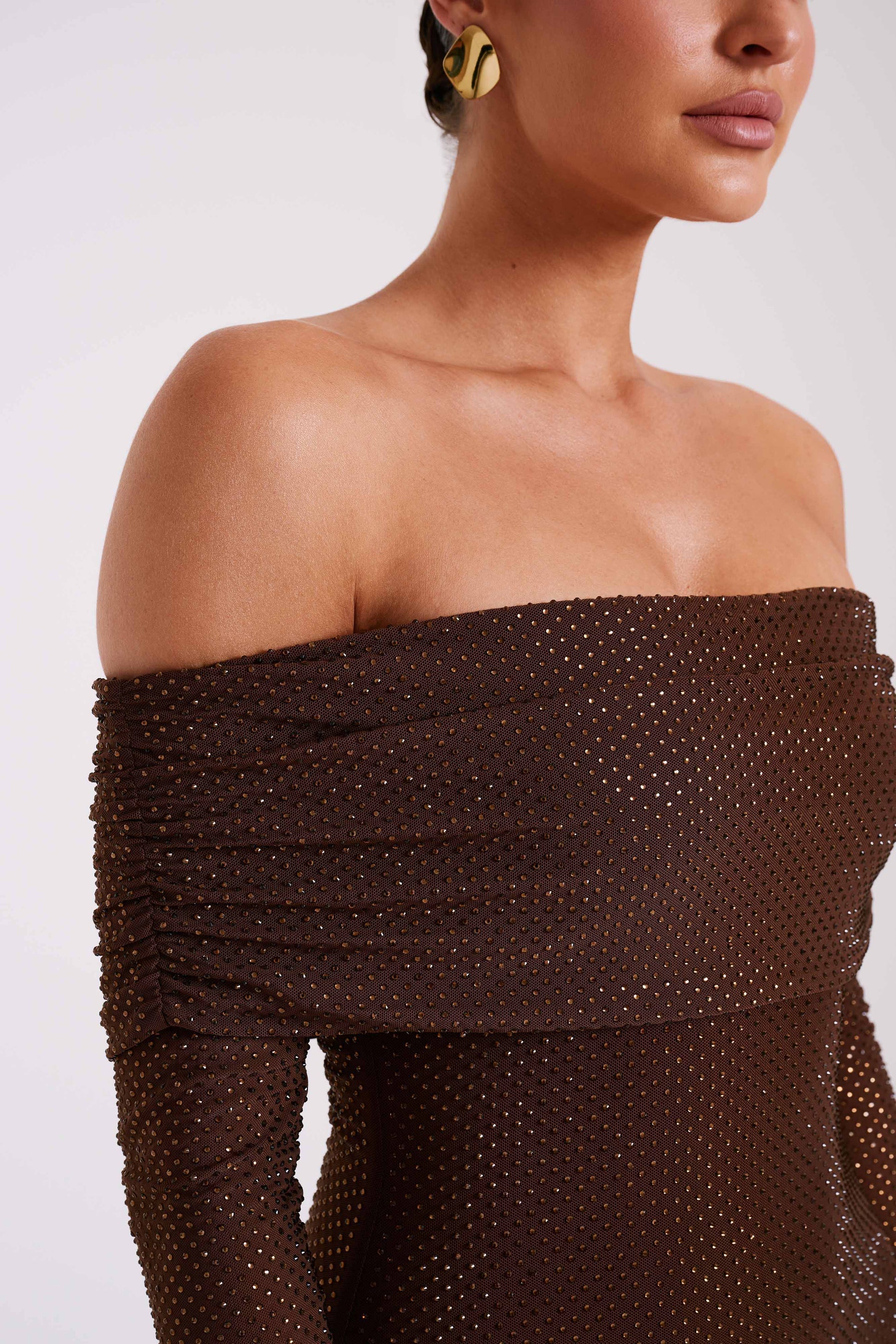 off shoulder diamante maxi dress chocolate off shoulder diamante maxi dress