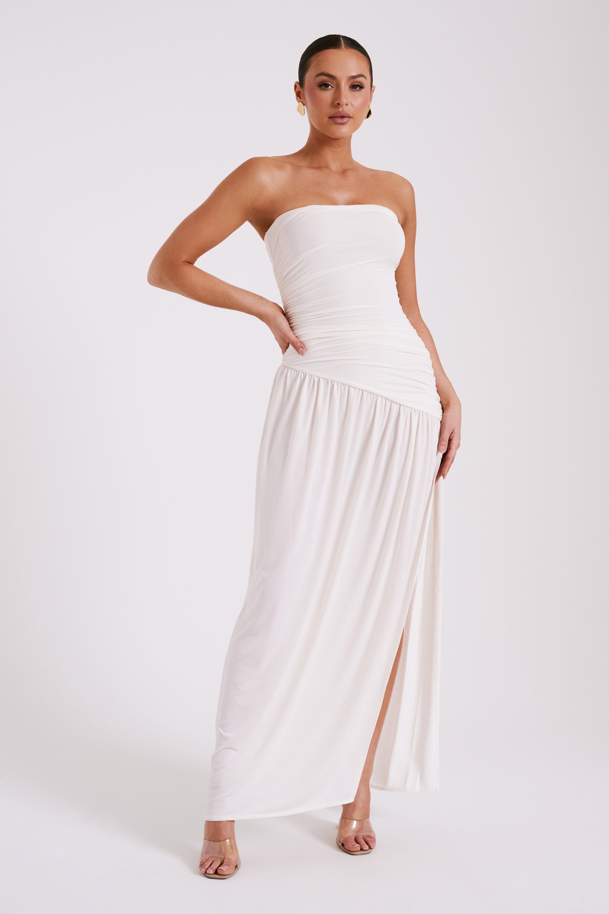 Bex Strapless Slinky Maxi Dress With Split - Ivory | MESHKI US Bex Strapless Slinky Maxi Dress With Split - Ivory | MESHKI US