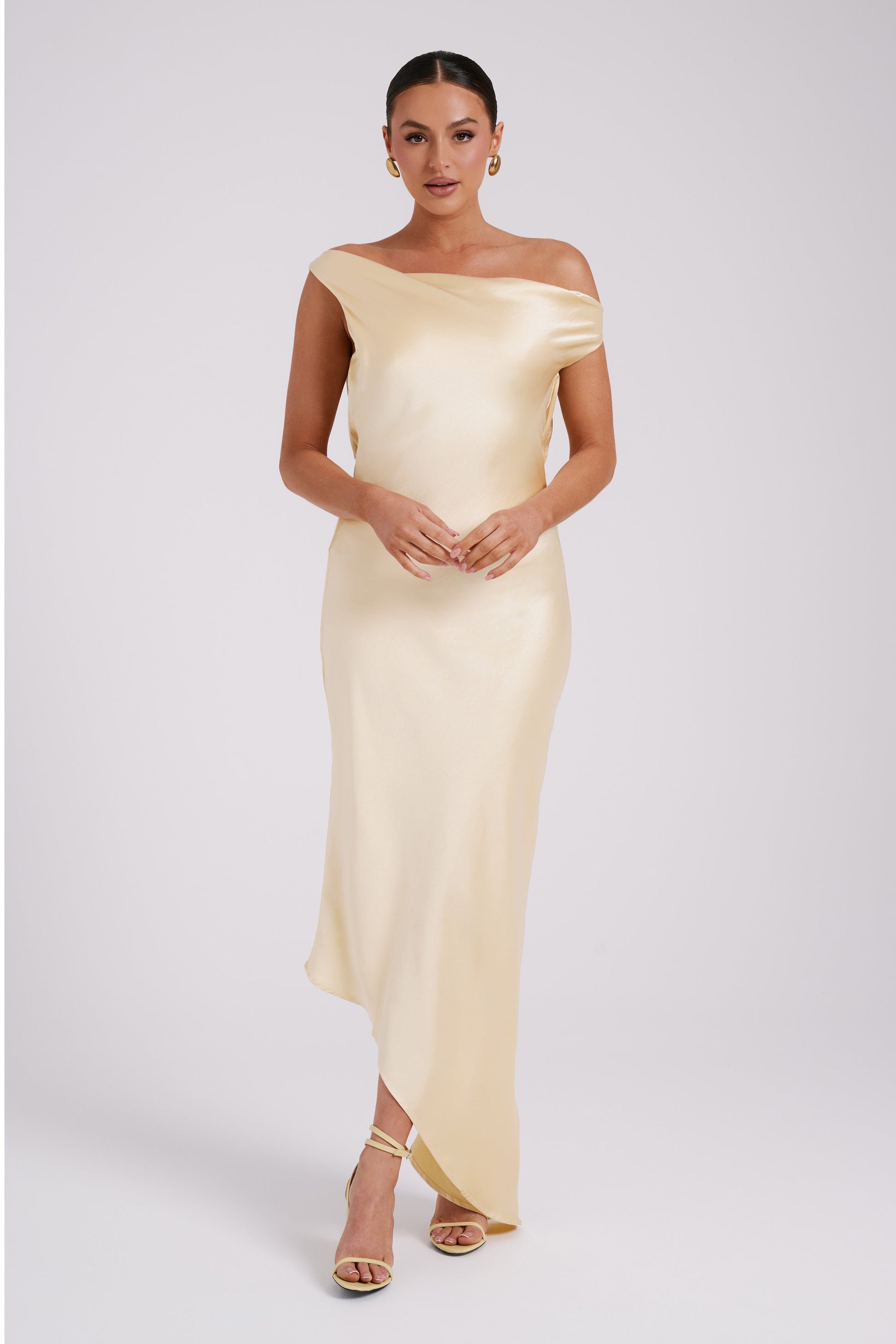 Yvette Slip Maxi Dress With Asymmetrical Hem - Butter | MESHKI US Yvette Slip Maxi Dress With Asymmetrical Hem - Butter | MESHKI US