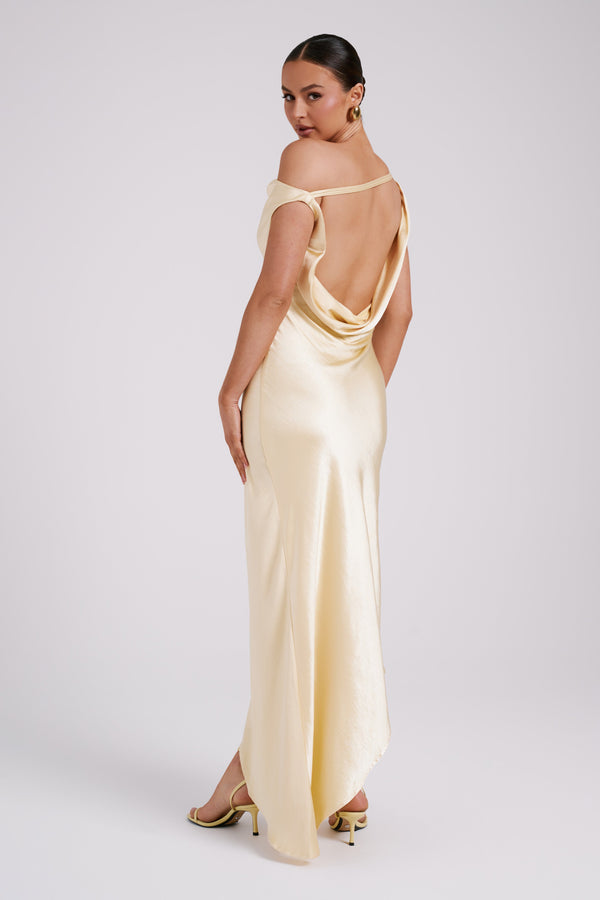 Yvette Slip Maxi Dress With Asymmetrical Hem - Butter - MESHKI U.S