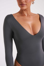 Nia Long Sleeve V Neck Bodysuit - Charcoal - MESHKI