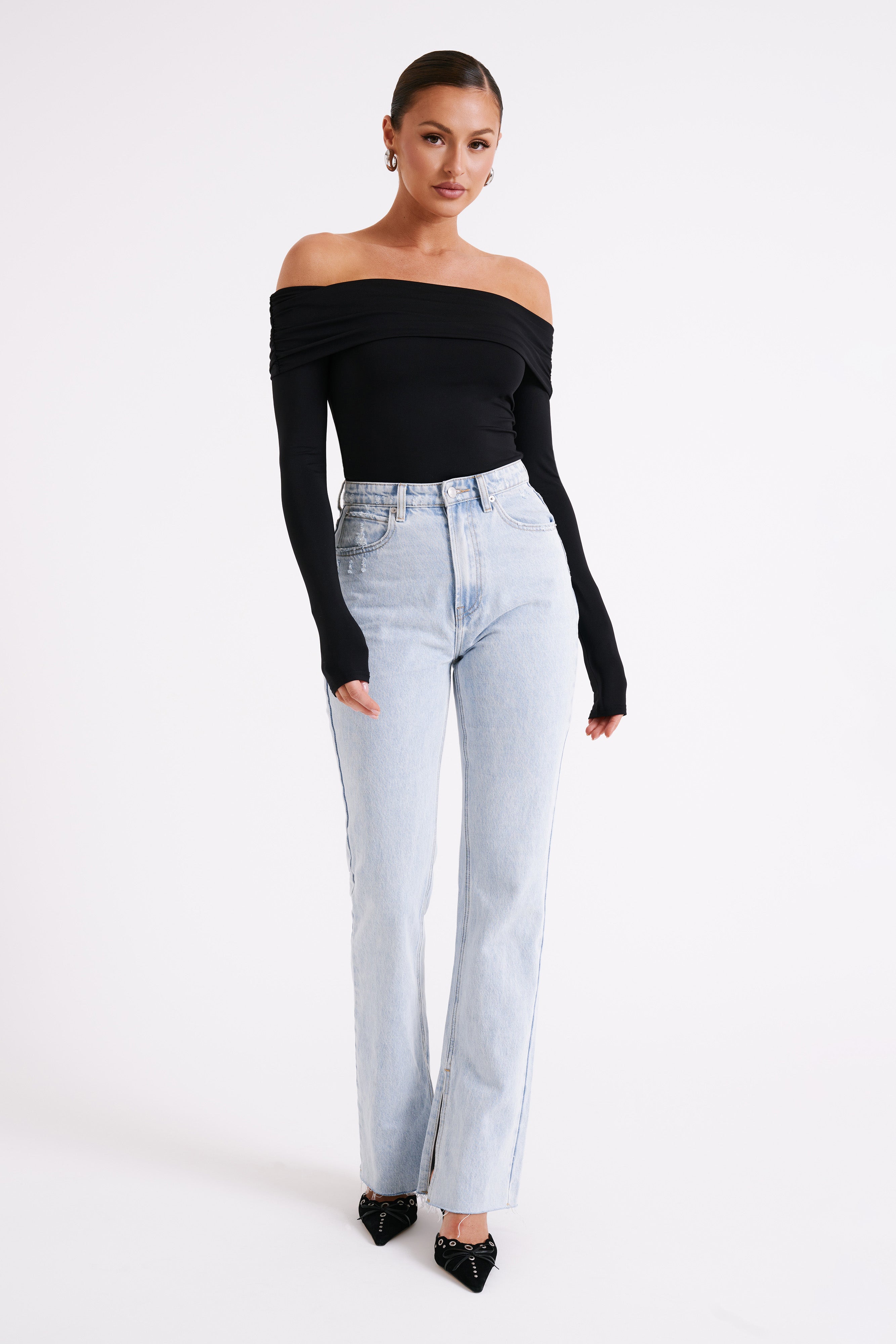 Lucinda Recycled Nylon Off Shoulder Top - Black | MESHKI US