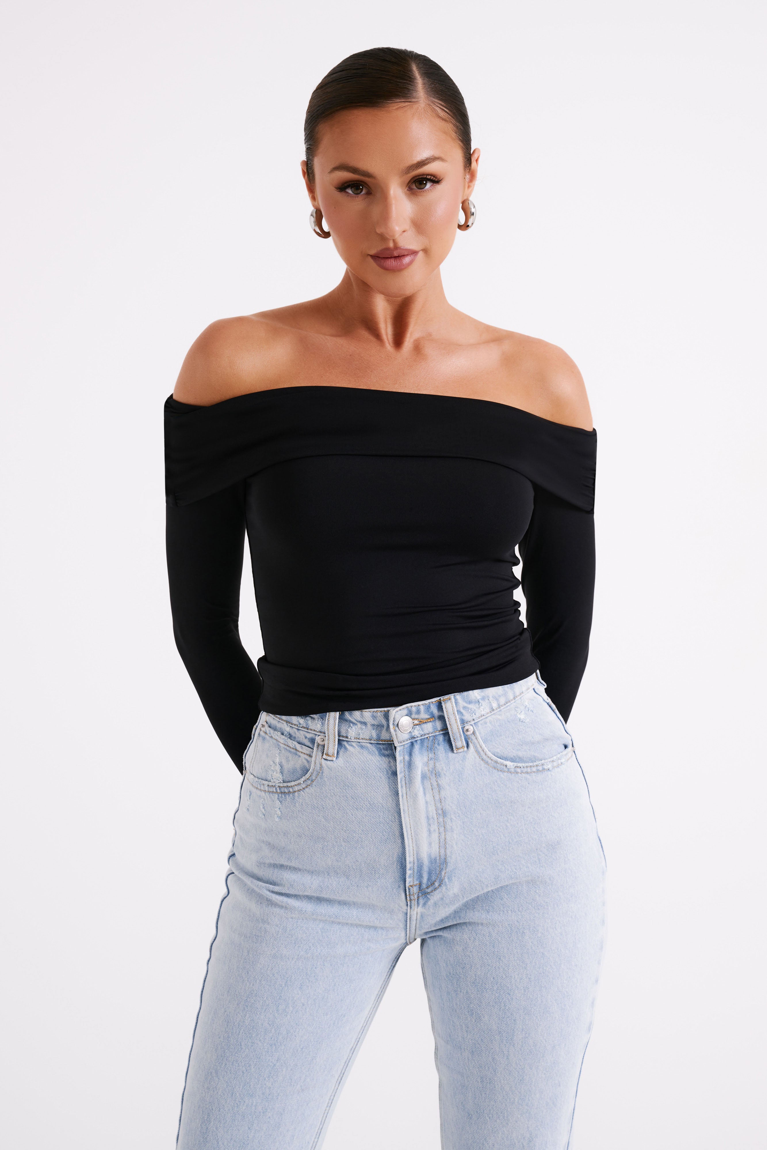 Lucinda Recycled Nylon Off Shoulder Top - Black | MESHKI US