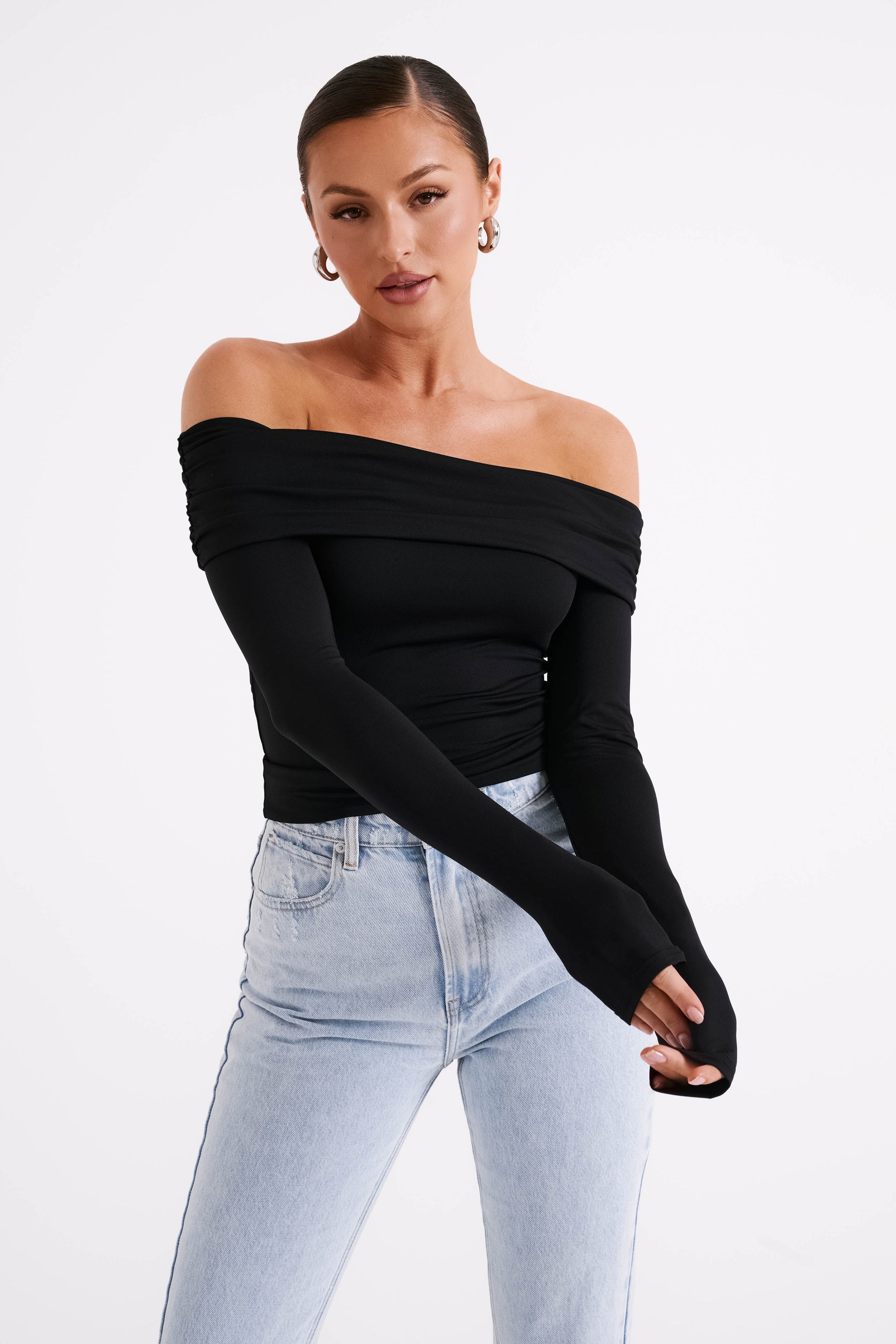 Lucinda Recycled Nylon Off Shoulder Top - Black | MESHKI US Lucinda Recycled Nylon Off Shoulder Top - Black | MESHKI US