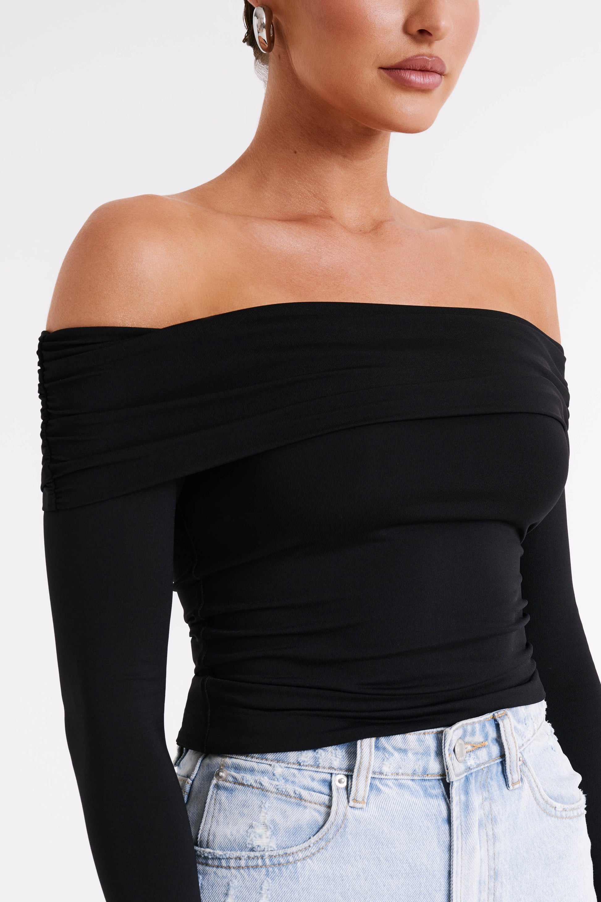 Lucinda Recycled Nylon Off Shoulder Top - Black | MESHKI US Lucinda Recycled Nylon Off Shoulder Top - Black | MESHKI US