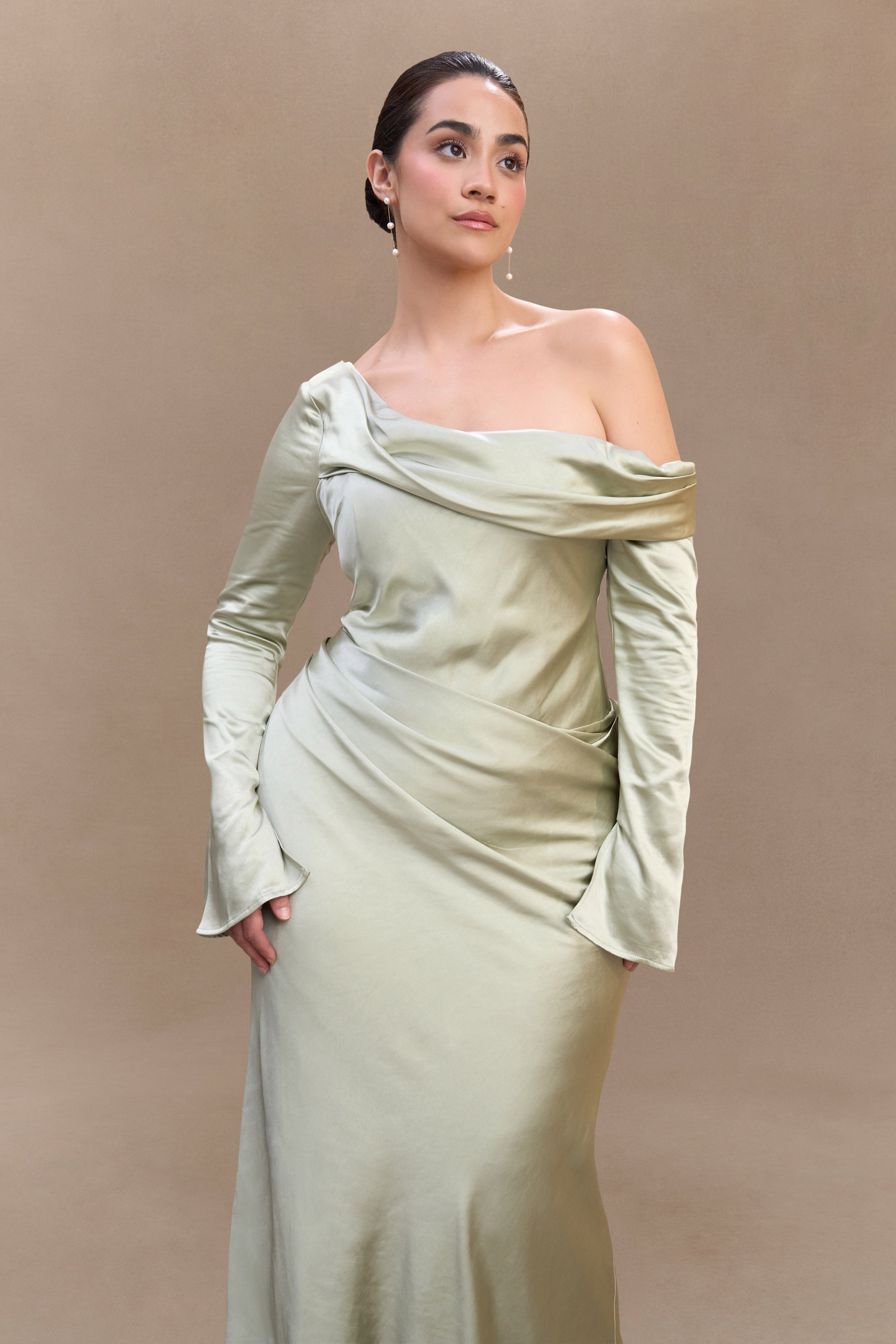 Iris Long Sleeve Satin Maxi Dress - Sage | MESHKI US