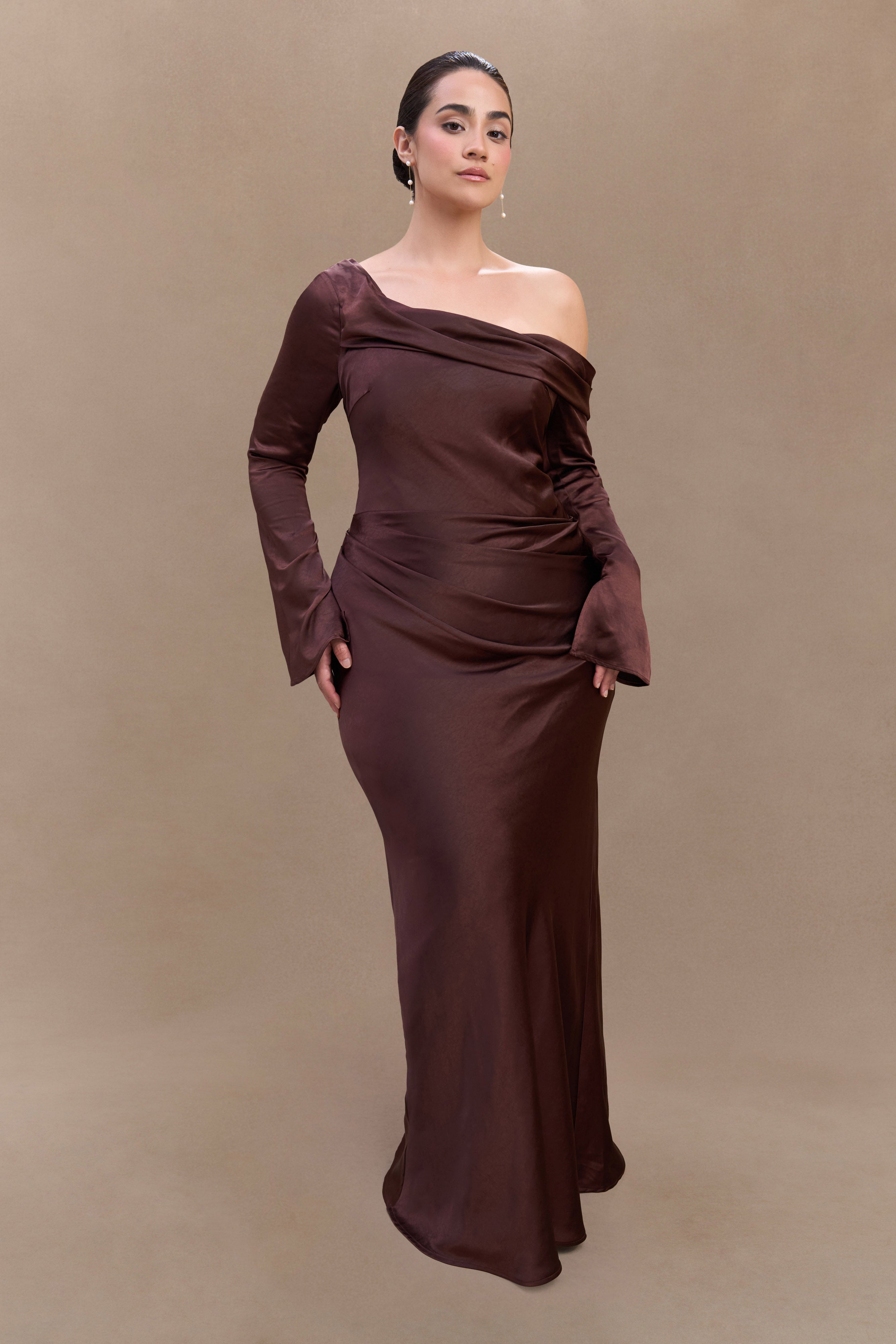 Iris Long Sleeve Satin Maxi Dress - Dark Chocolate | MESHKI US