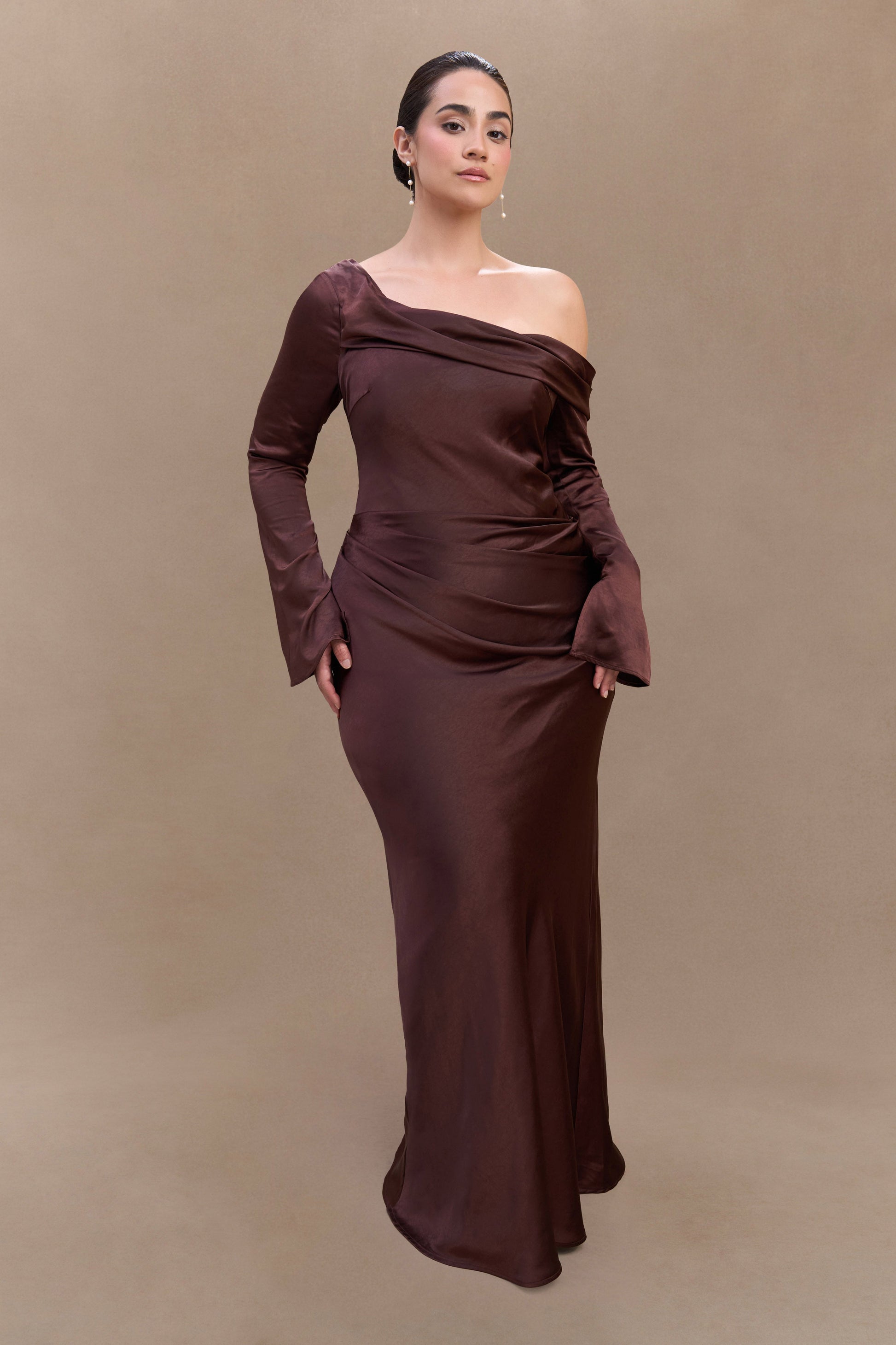 Iris Long Sleeve Satin Maxi Dress - Dark Chocolate | MESHKI US Iris Long Sleeve Satin Maxi Dress - Dark Chocolate | MESHKI US
