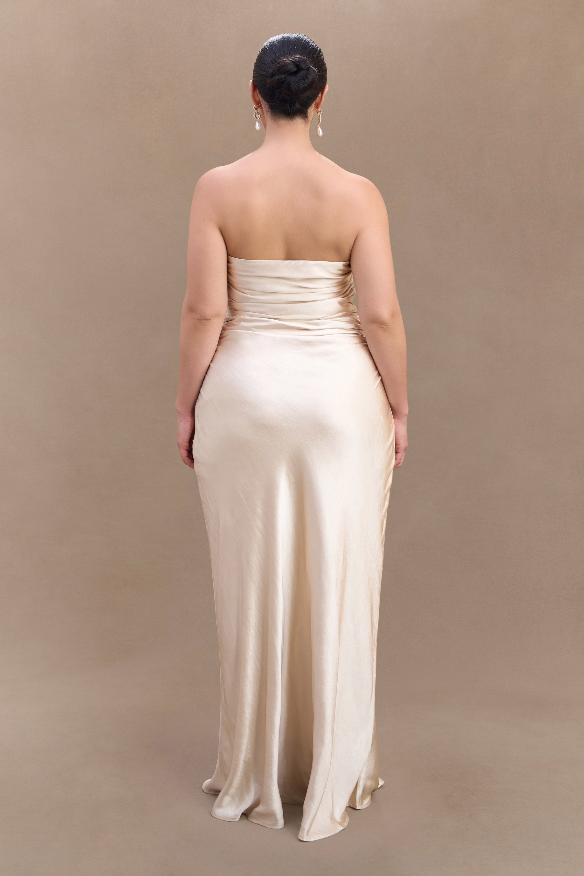 Silky Satin High Slit Ruched Strapless Party Maxi Dress Thea High Slit Satin Maxi Gown honey Silky Satin High Slit Ruched Strapless Party Maxi Dress Thea High Slit Satin Maxi Gown honey