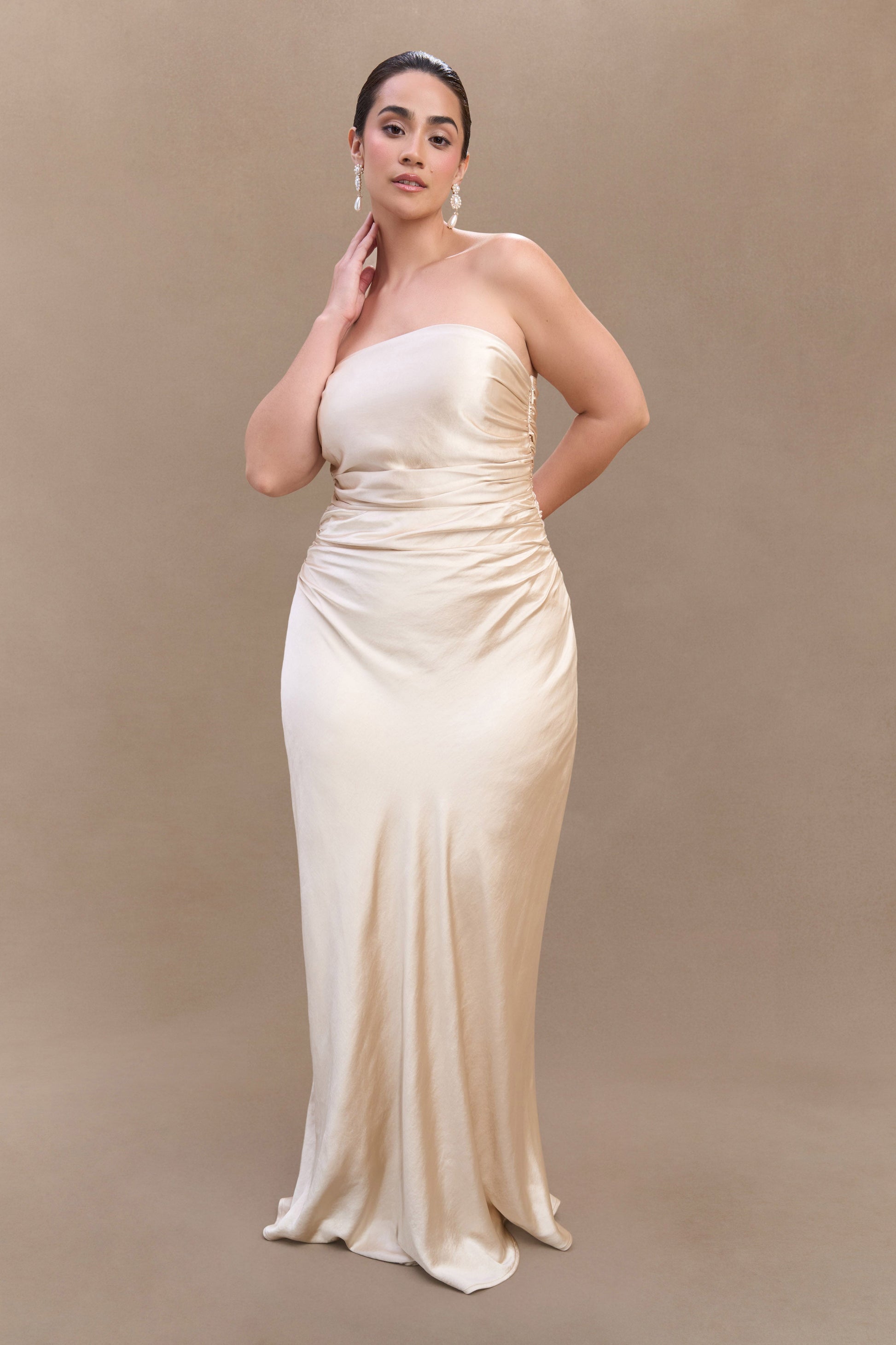 Cedar Strapless Satin Maxi Dress - Blush Gold | MESHKI US Cedar Strapless Satin Maxi Dress - Blush Gold | MESHKI US