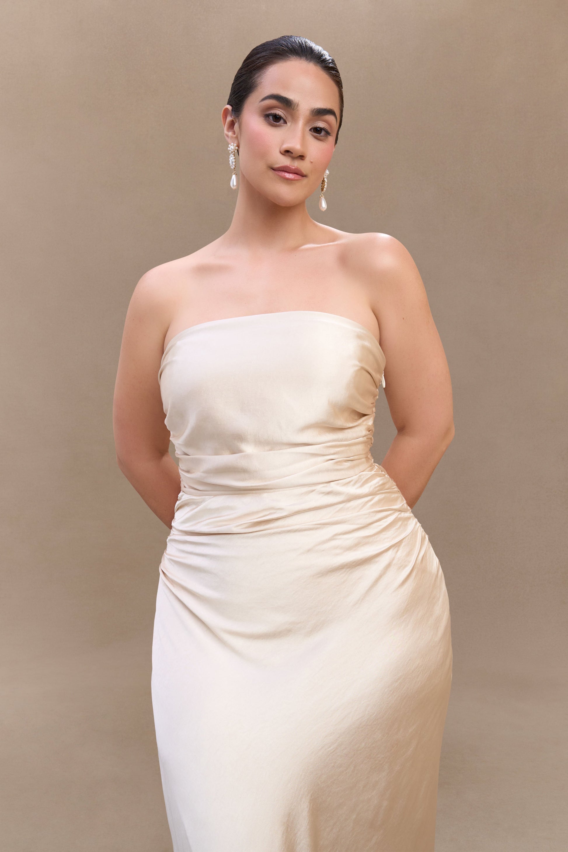 Cedar Strapless Satin Maxi Dress - Blush Gold | MESHKI US Cedar Strapless Satin Maxi Dress - Blush Gold | MESHKI US