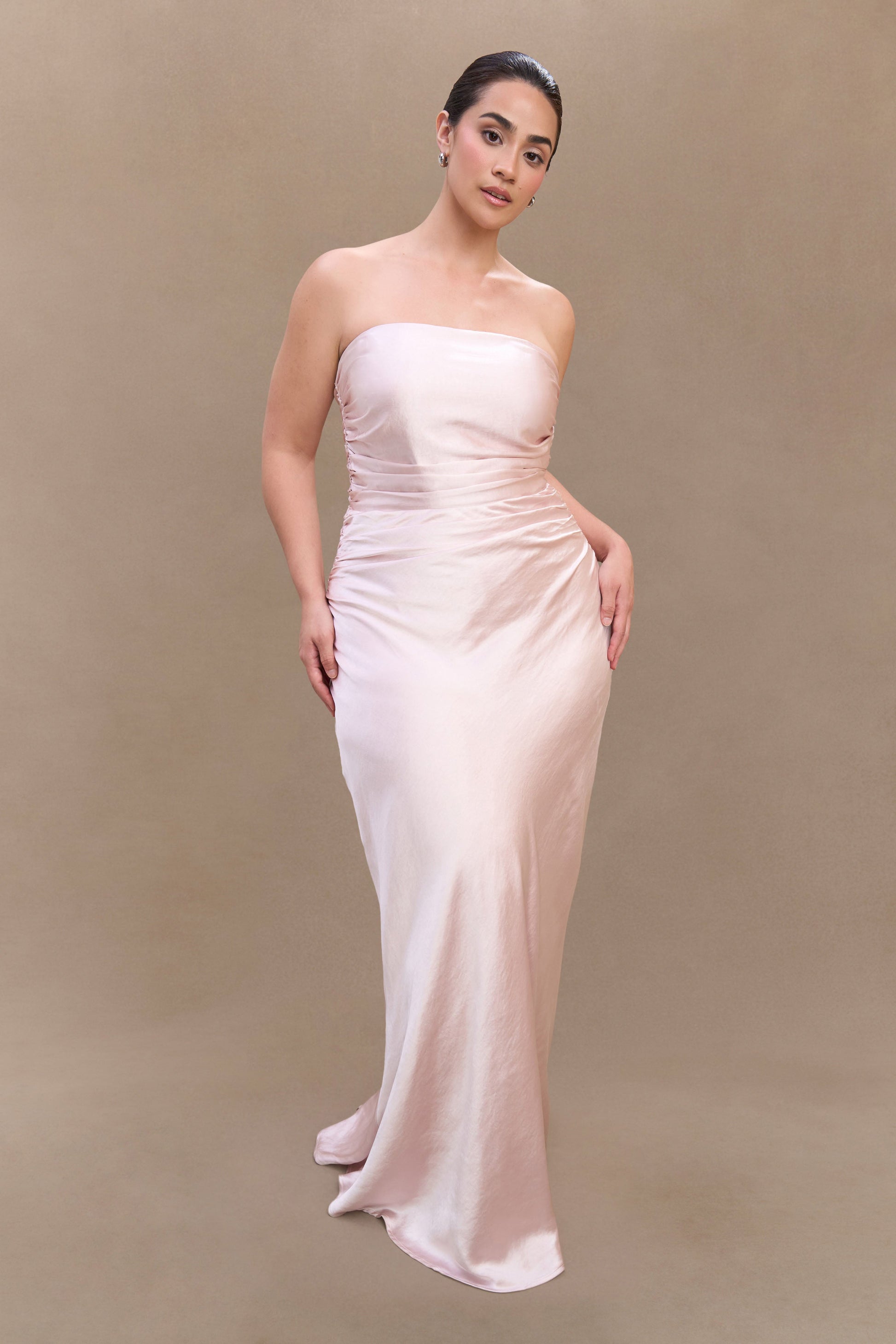 Cedar Strapless Satin Maxi Dress - Soft Pink | MESHKI US Cedar Strapless Satin Maxi Dress - Soft Pink | MESHKI US